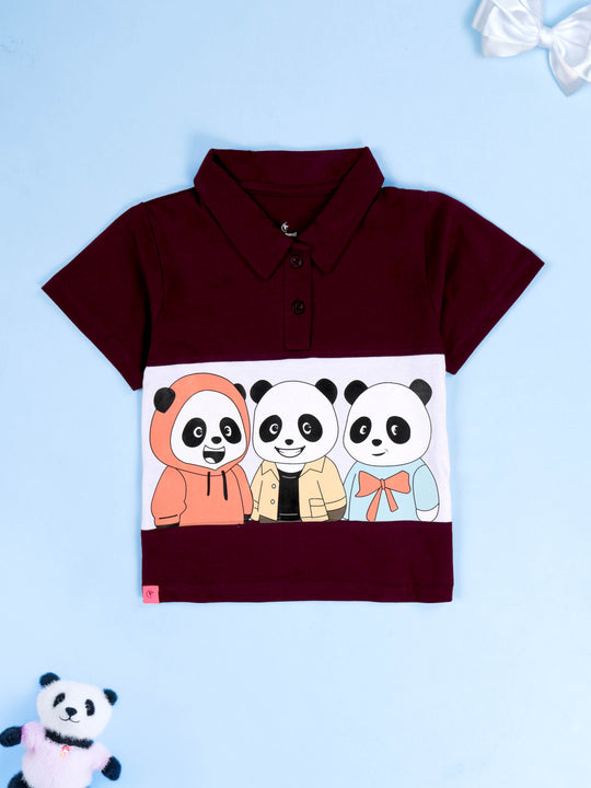 KiddoPanti Girls 100% Cotton Cute Cartoon Panda Graphic Printed Crop Polo Tee