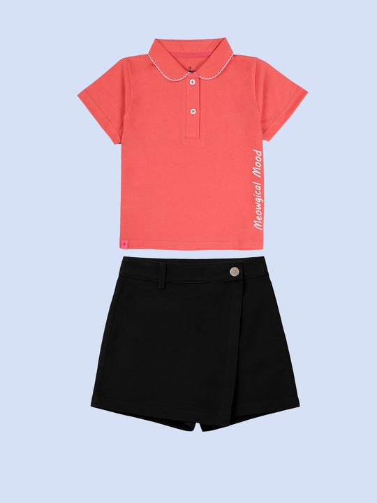 Kiddopanti Girls Smiling Kitty & Heart Graphic Printed Polo Tee With Cotton Over Lap Skort Set