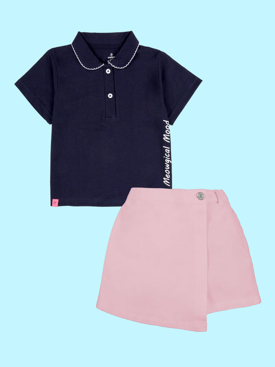 Kiddopanti Girls Smiling Kitty & Heart Graphic Printed Polo Tee With Cotton Over Lap Skort Set