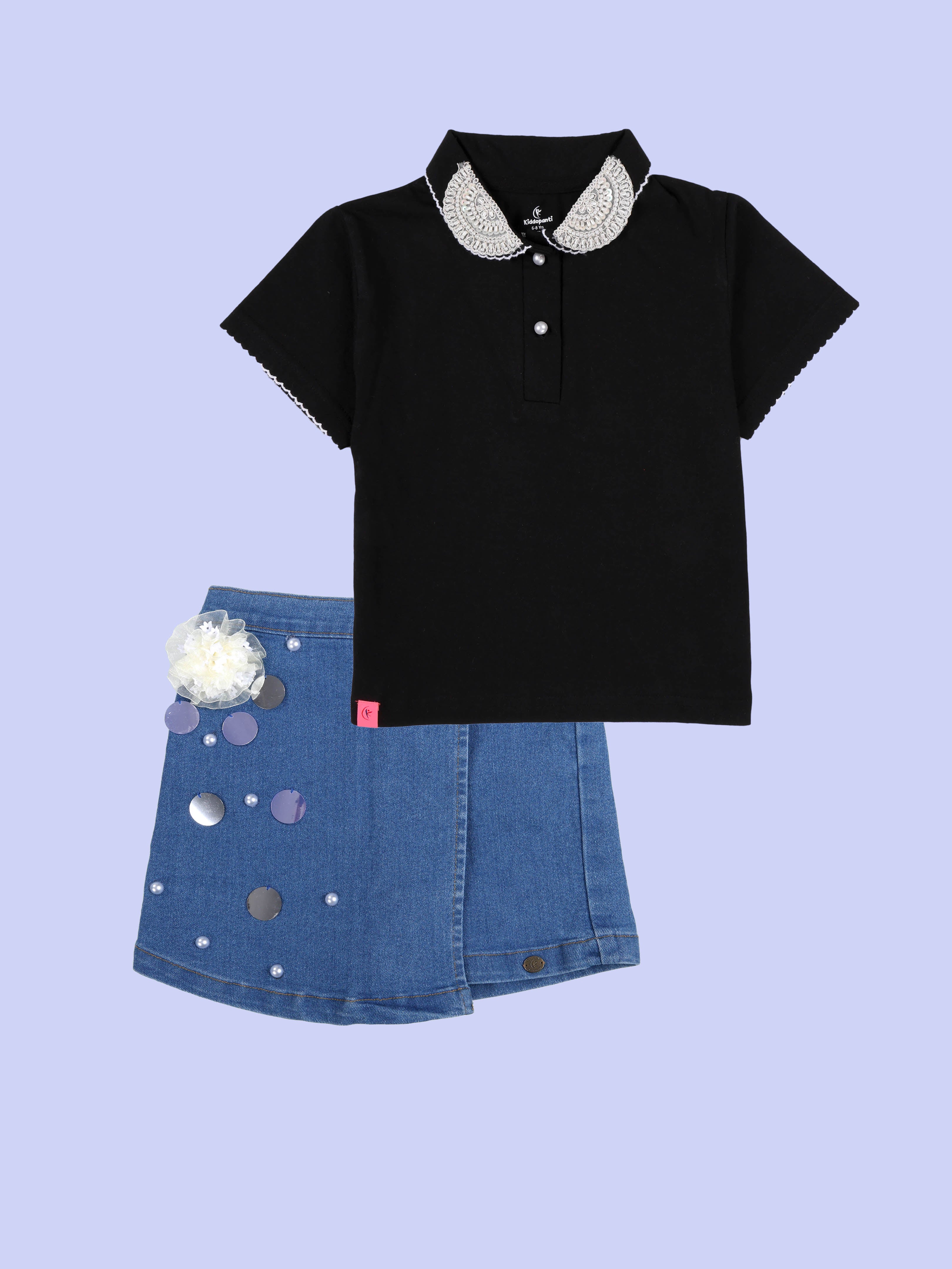 Kiddopanti Girls Solid Polo Tee With Cotton Over Lap Skort With Flowers and Pearls Set