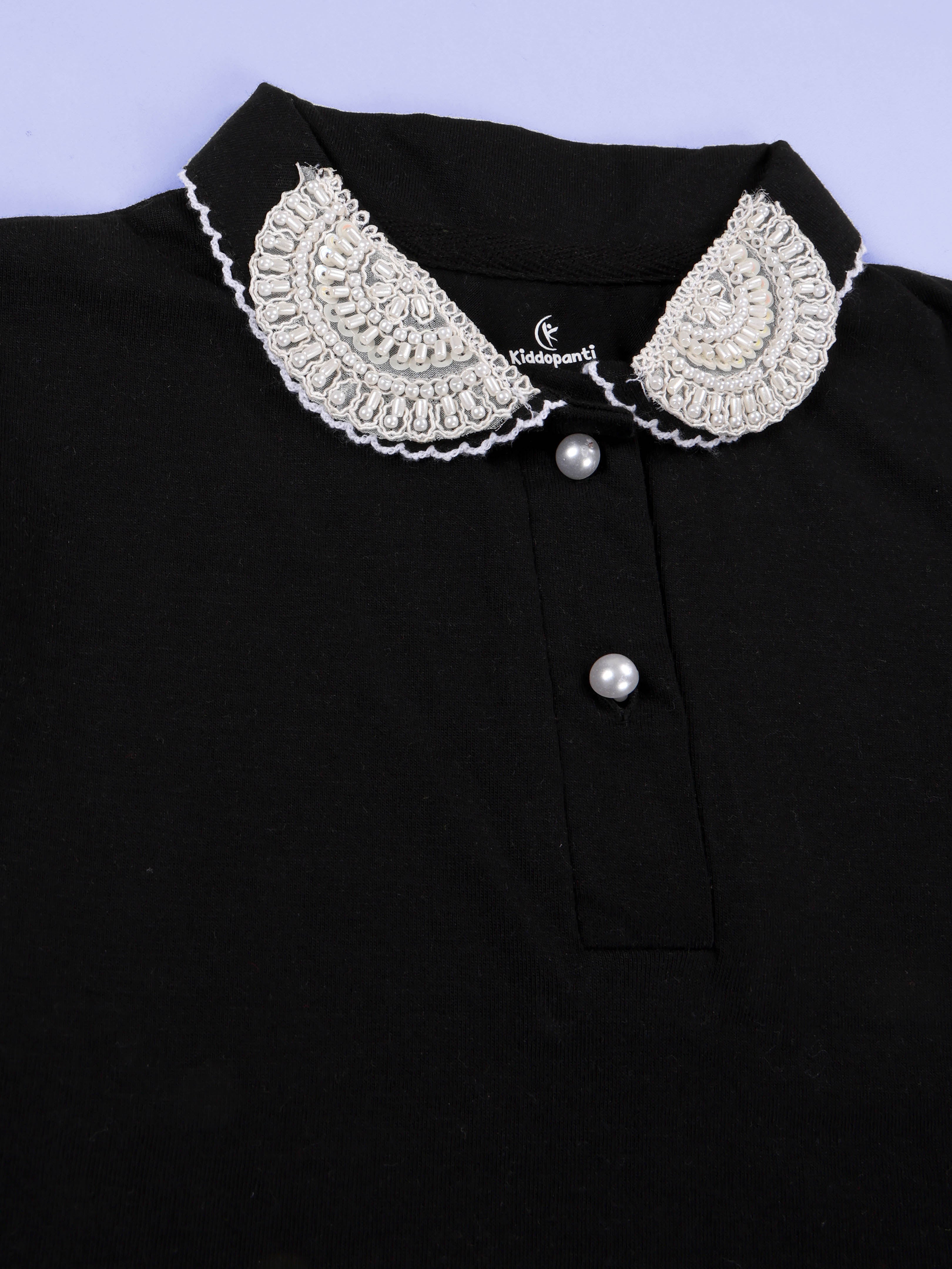 Kiddopanti Girls Solid Polo Tee With Cotton Over Lap Skort With Flowers and Pearls Set