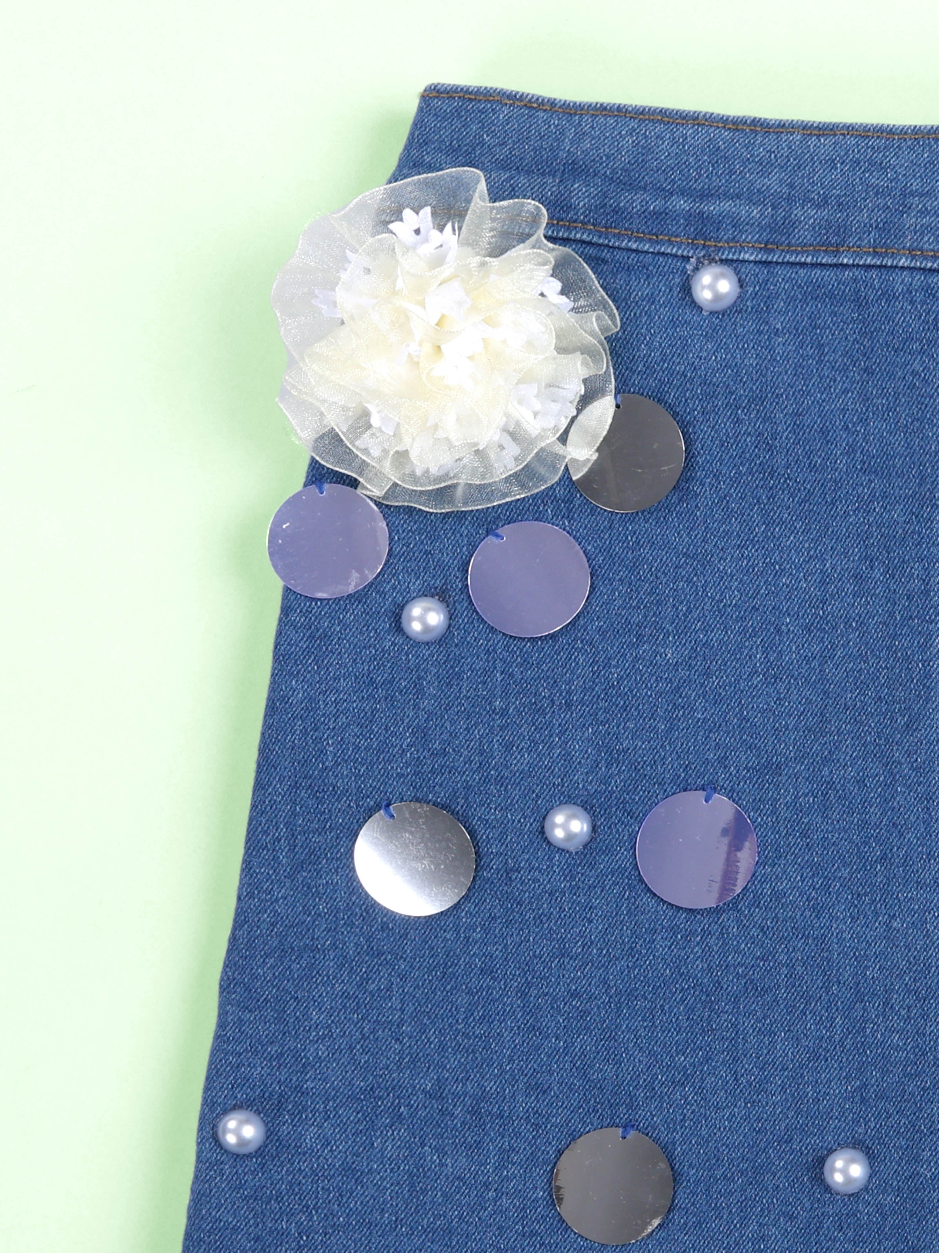 Kiddopanti Girls Solid Polo Tee With Cotton Over Lap Skort With Flowers and Pearls Set