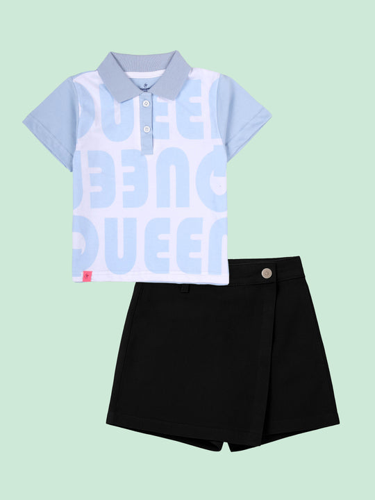 Kiddopanti Girls Printed Crop Polo Tee with Contrast Sleeves & Collar With Cotton Over Lap Skort Set