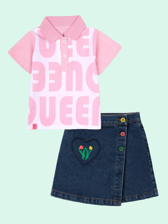 Kiddopanti Girls Printed Crop Polo Tee With Flower Embroidery Denim Over Lap Skort With Heart Set