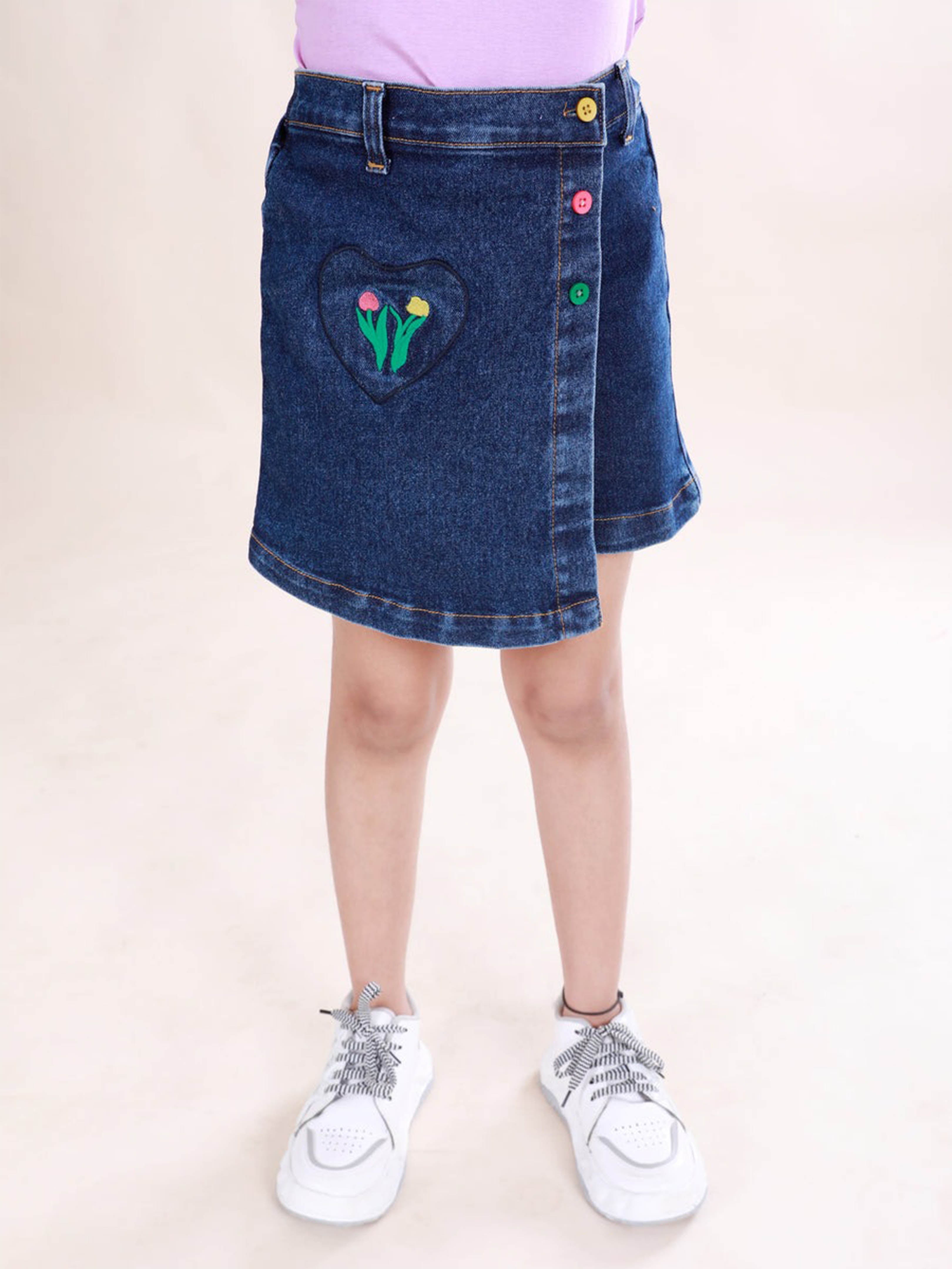 Kiddopanti Girls Printed Crop Polo Tee With Flower Embroidery Denim Over Lap Skort With Heart Set