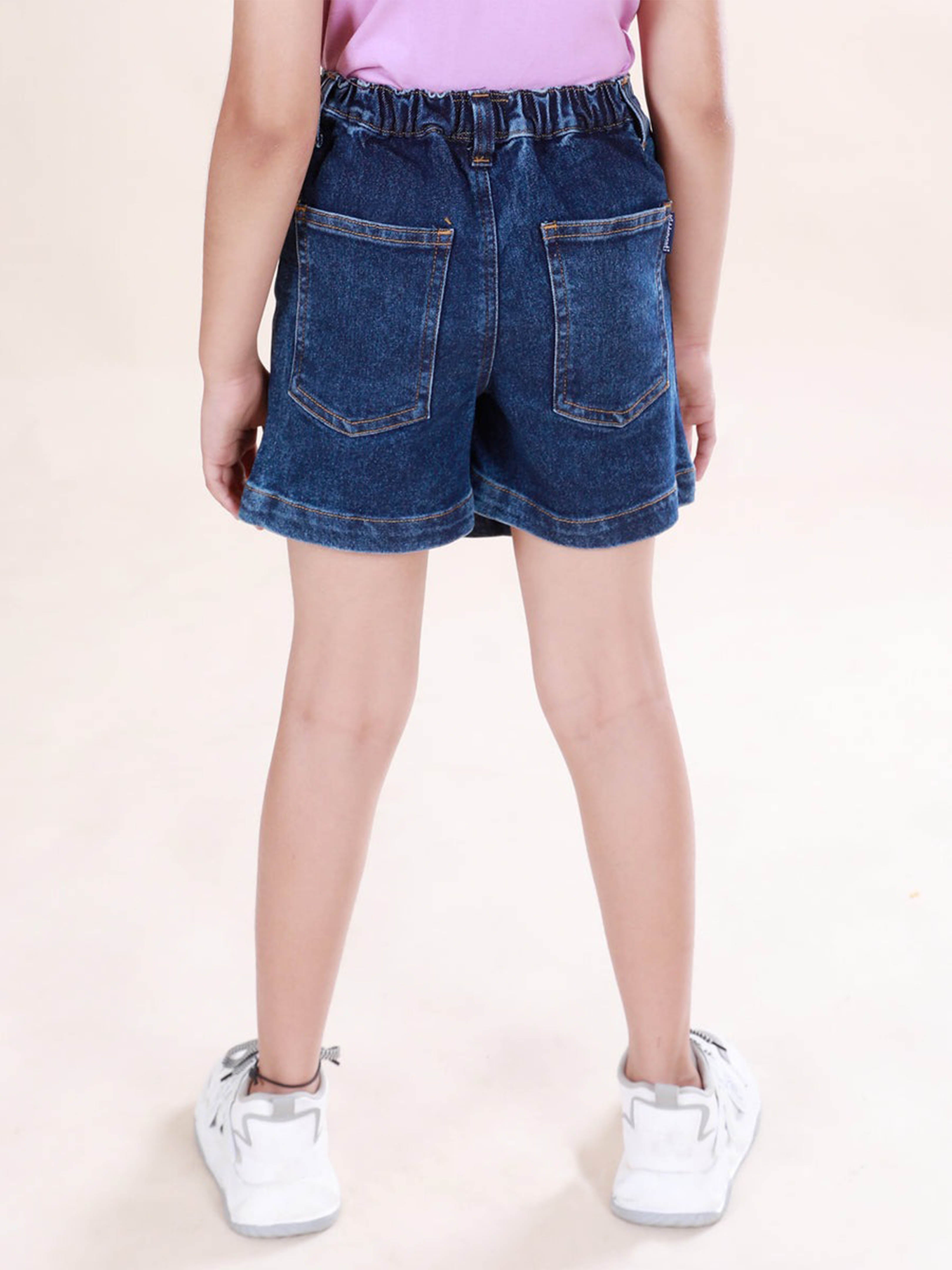 Kiddopanti Girls Printed Crop Polo Tee With Flower Embroidery Denim Over Lap Skort With Heart Set