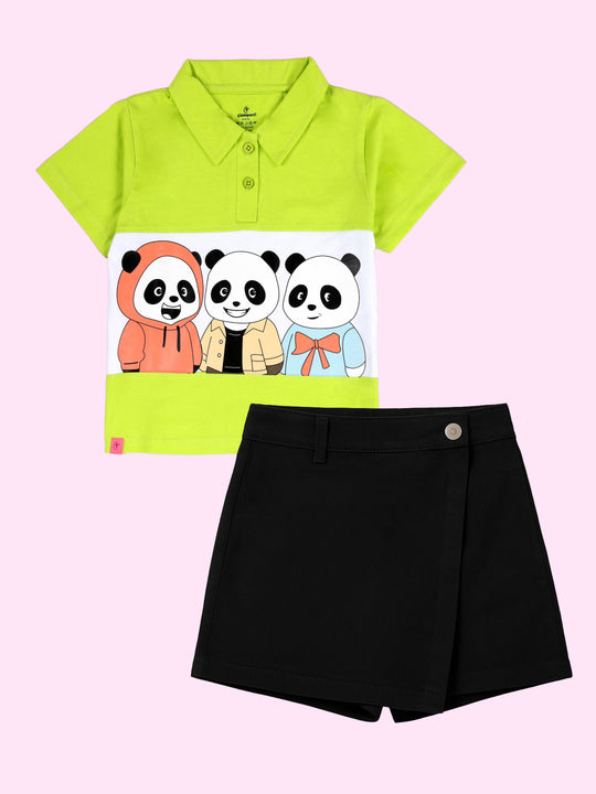 Kiddopanti Girls Panda Graphic Printed Crop Polo Tee & Cotton Twill Over Lap Skort Set