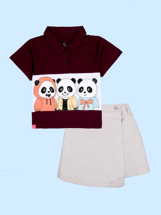 Kiddopanti Girls Panda Graphic Printed Crop Polo Tee & Cotton Twill Over Lap Skort Set