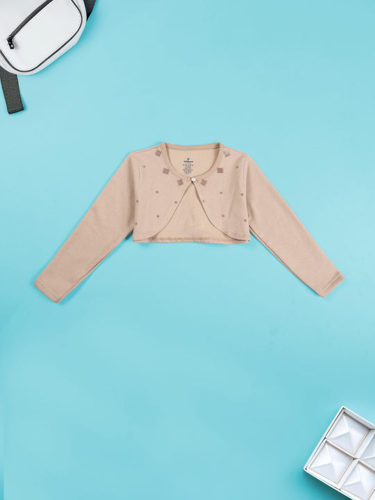 Girls Cotton Fleece Full Sleeves Crop Shrug With Stones