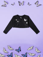 Girls Fleece Shrug with Butterfly & Rhinestone Applique - Black / 2-3Y