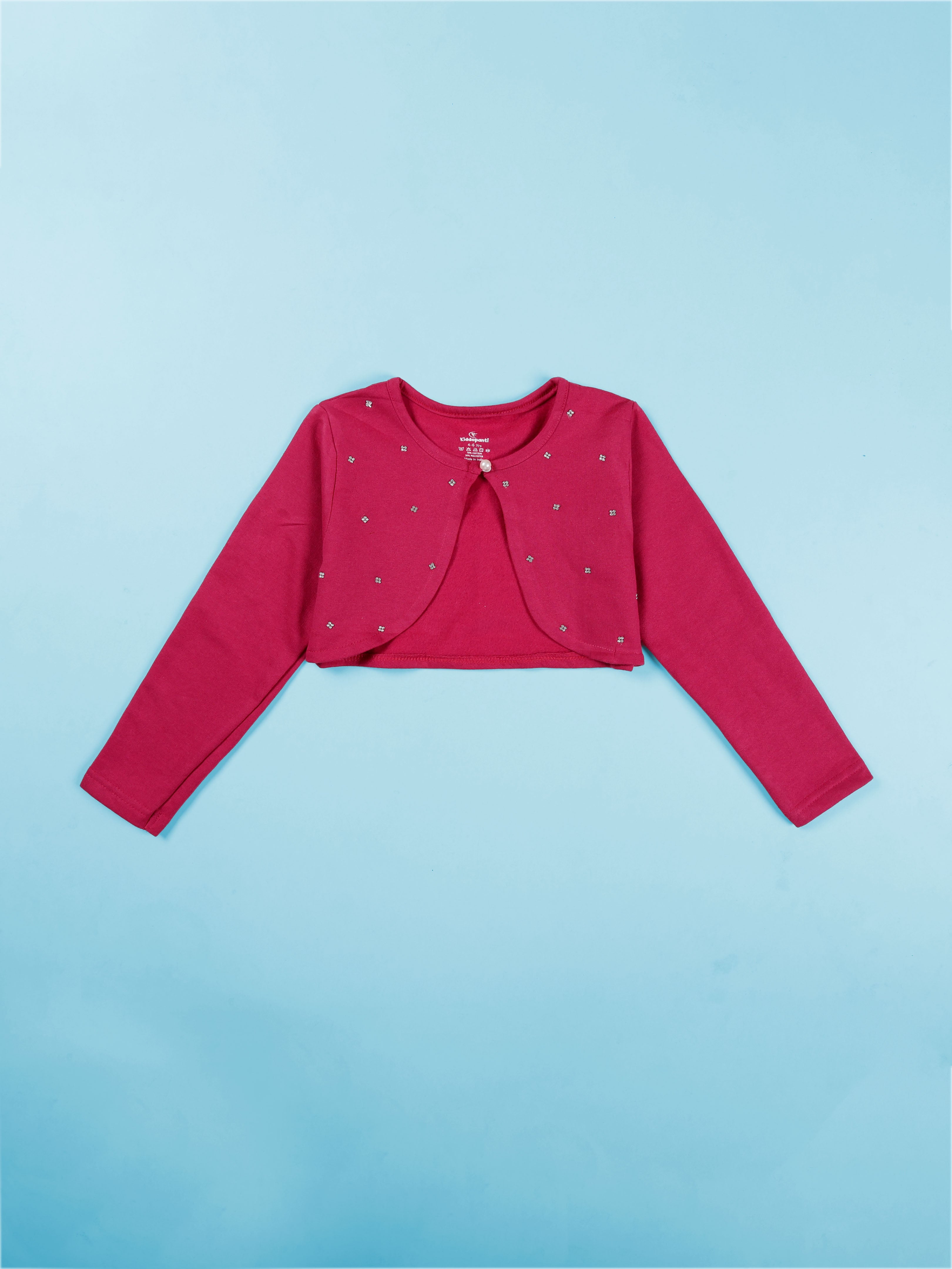 Girls Cotton Fleece Full Sleeves Crop Shrug With Stones