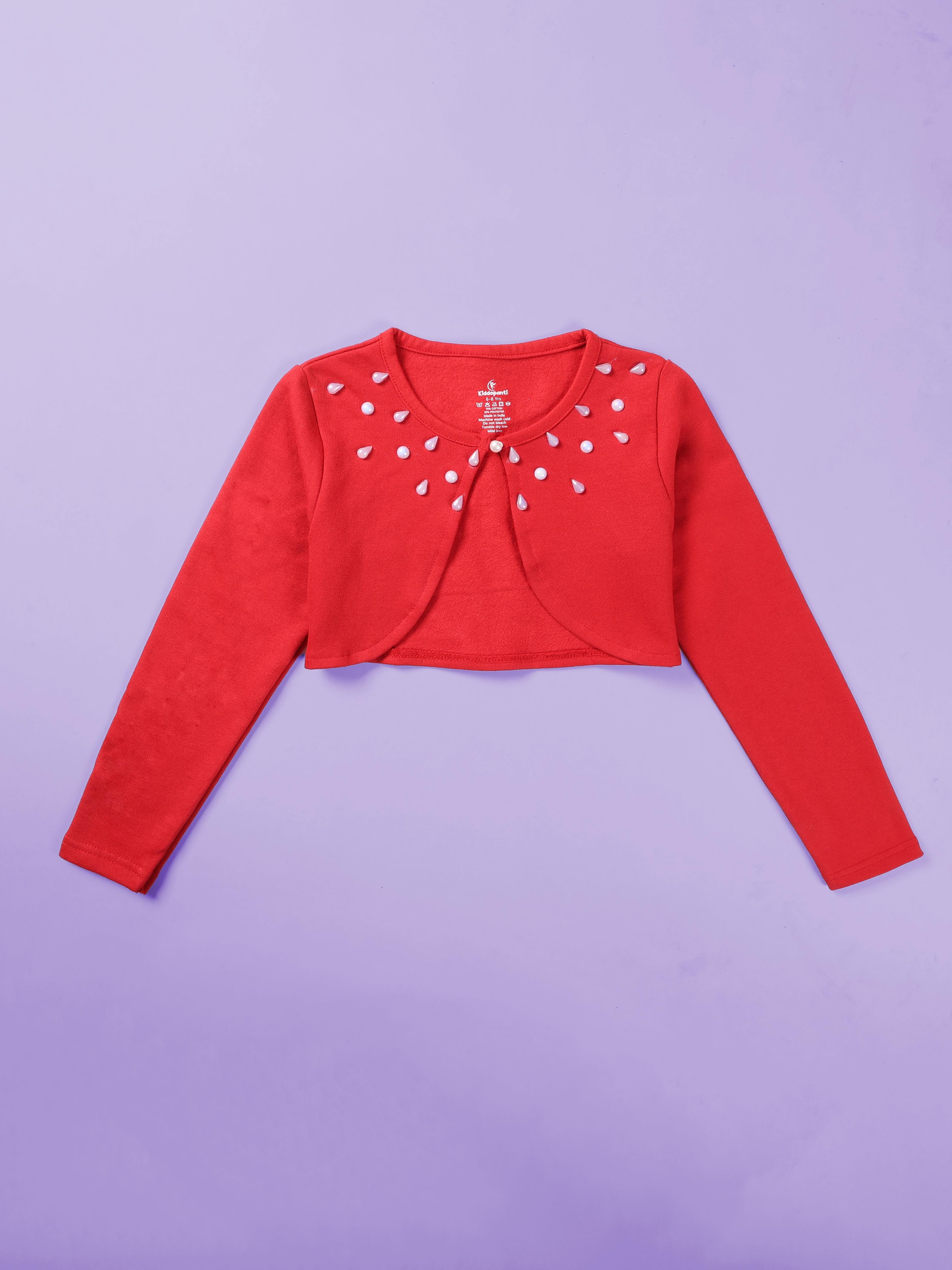 Girls Cotton Fleece Full Sleeves Solid Crop Shrug With Pearls
