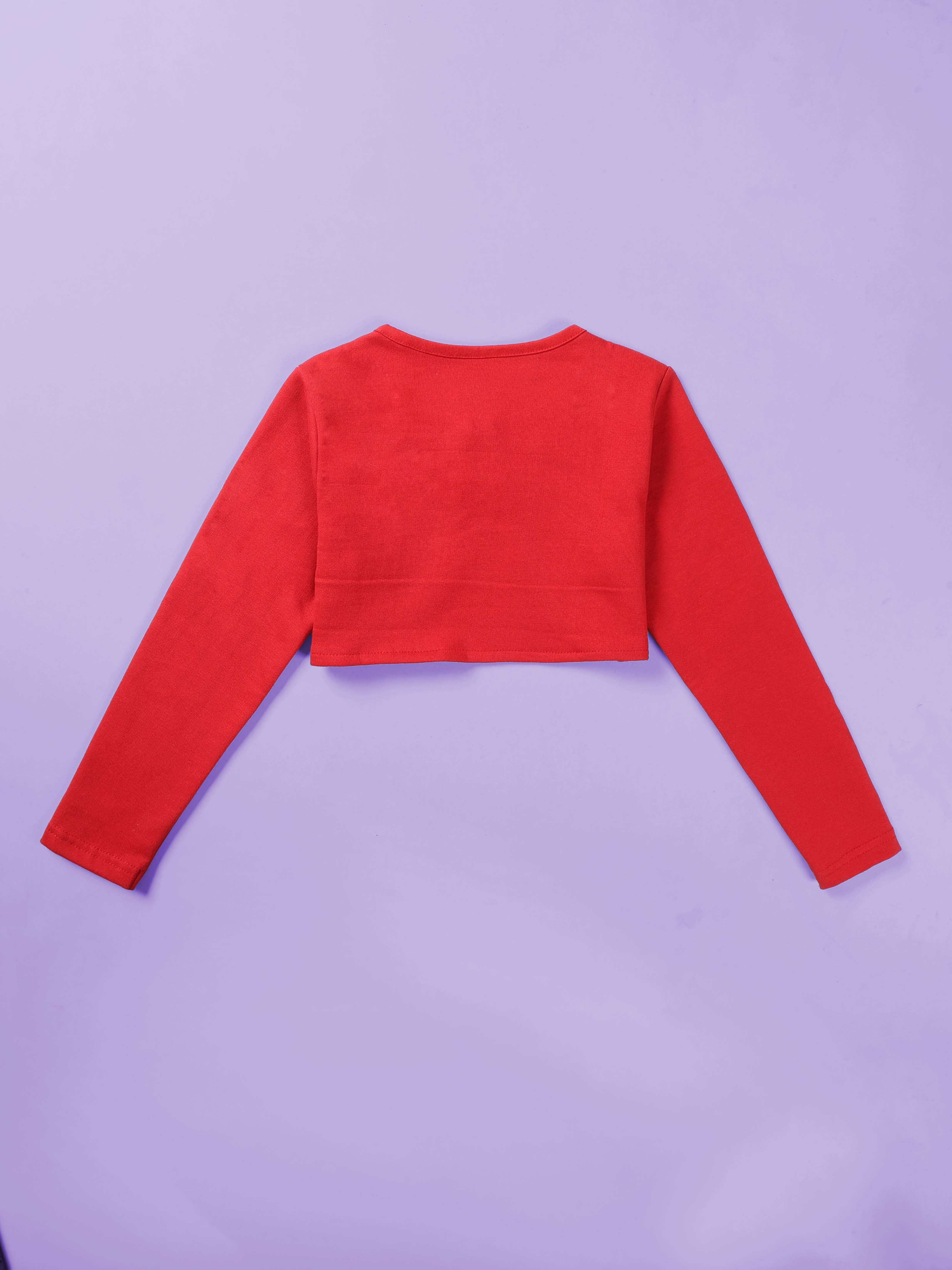 Girls Cotton Fleece Full Sleeves Solid Crop Shrug With Pearls
