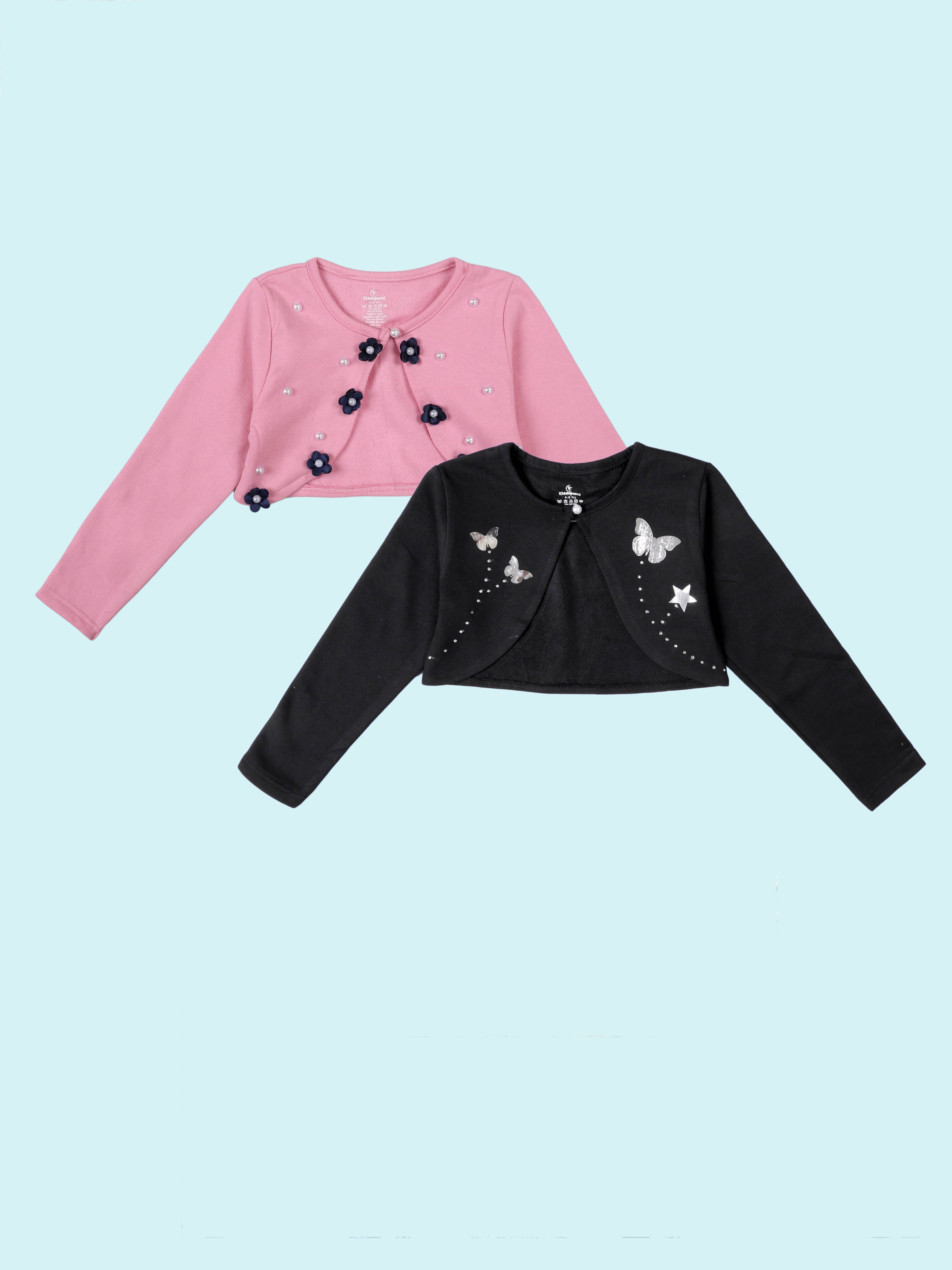 Girls Fleece Floral Pearl & Butterfly Rhinestone Appliques Shrugs Pack of 2