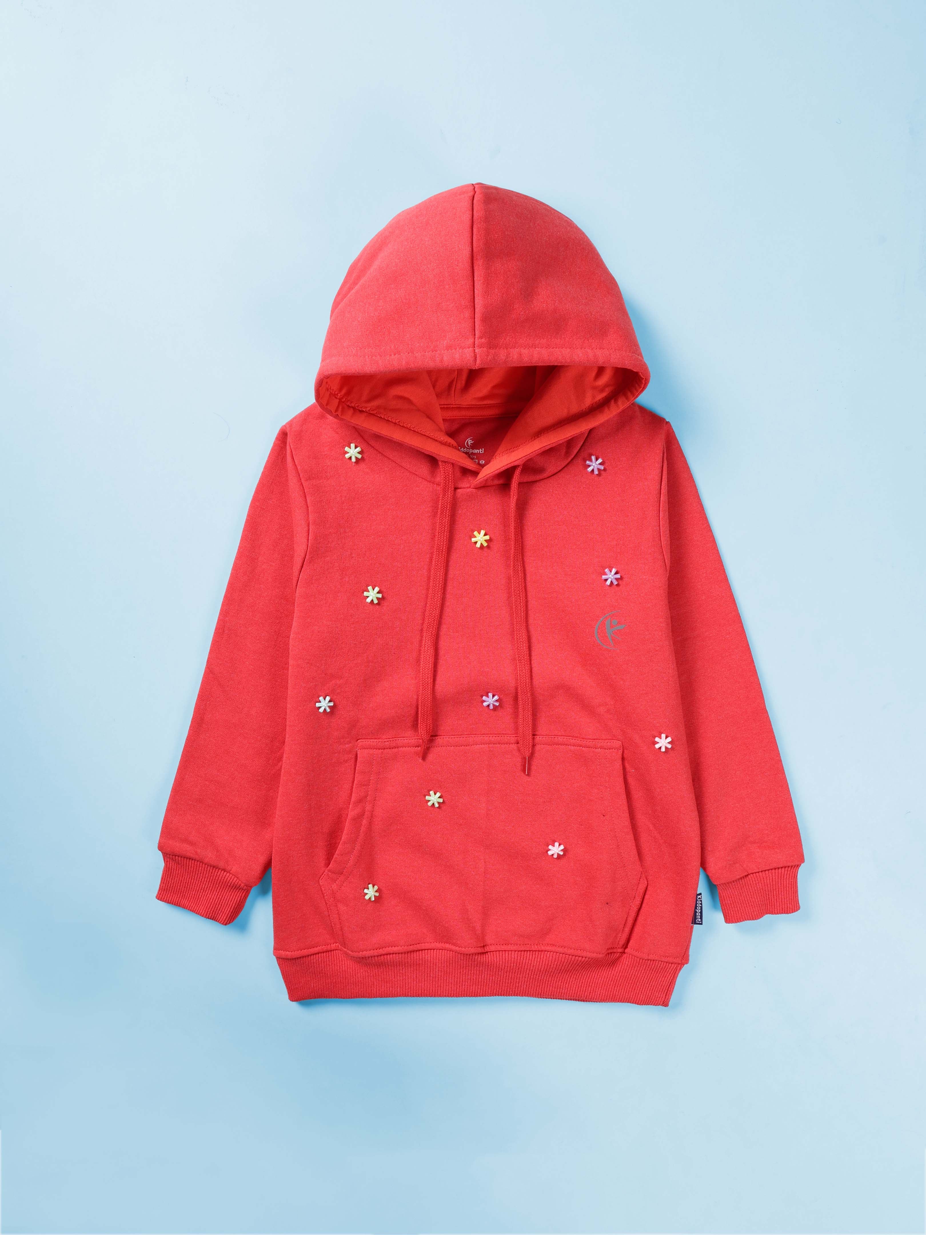 Girls Cotton Fleece Full Sleeves Solid Hooded Sweatshirt With Flower Beads