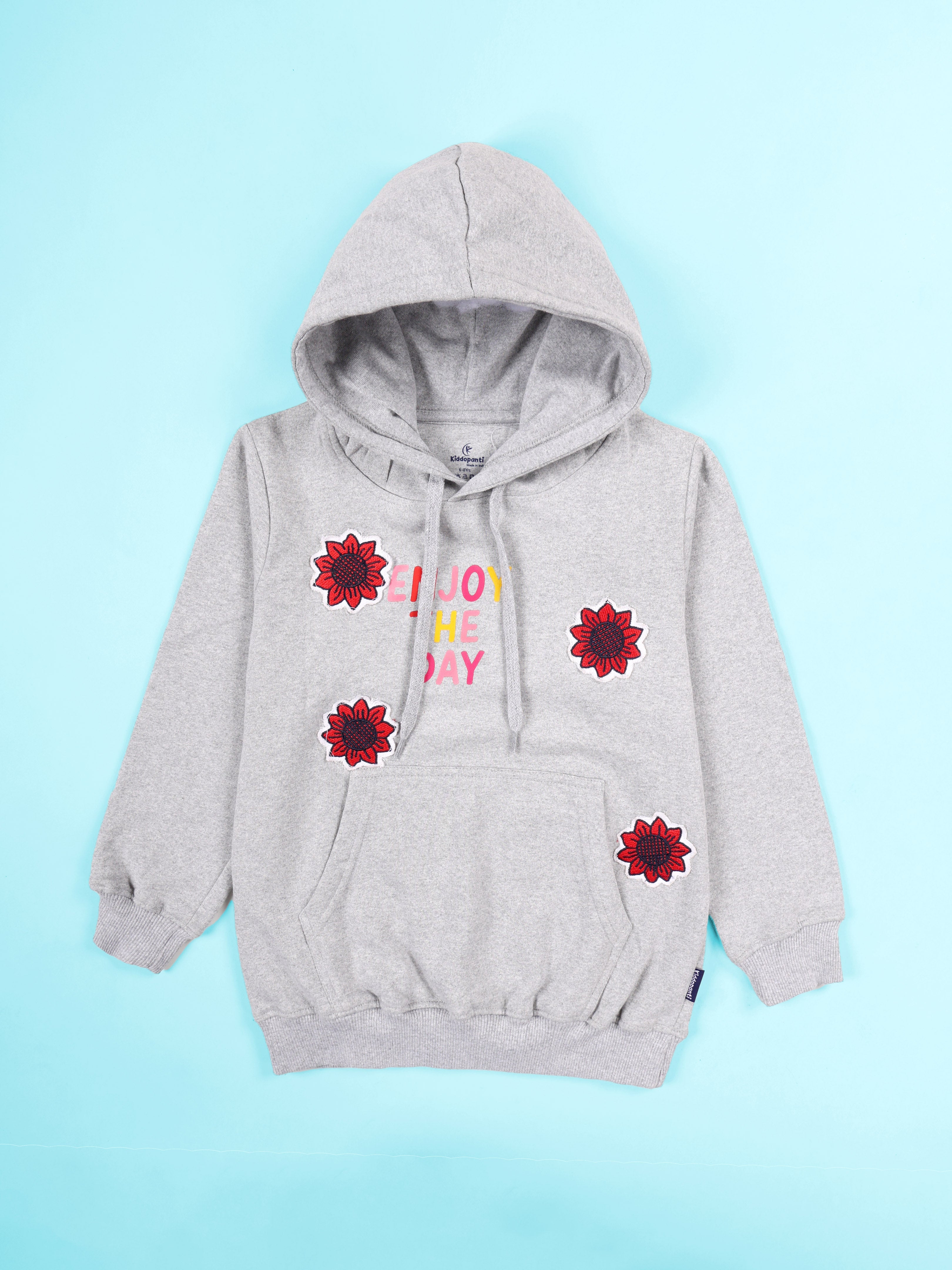 Kiddopanti Girls Fleece Graphic Printed Pullover Hooded Sweatshirt with Flower Applique