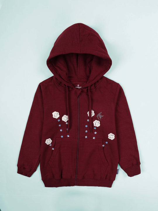 Kiddopanti Girls Fleece Front Open Hooded  Winter Sweatshirt with Swirl Flower Sequin Applique