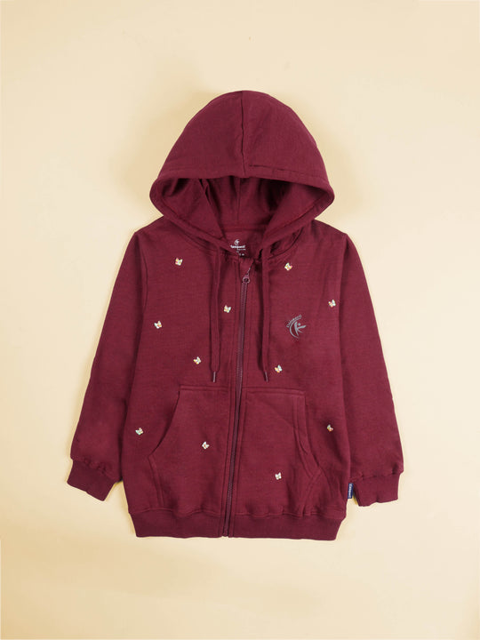 Girls Cotton Fleece Full Sleeves Zip Front Open Hooded Sweatshirt With Butterfly Beads