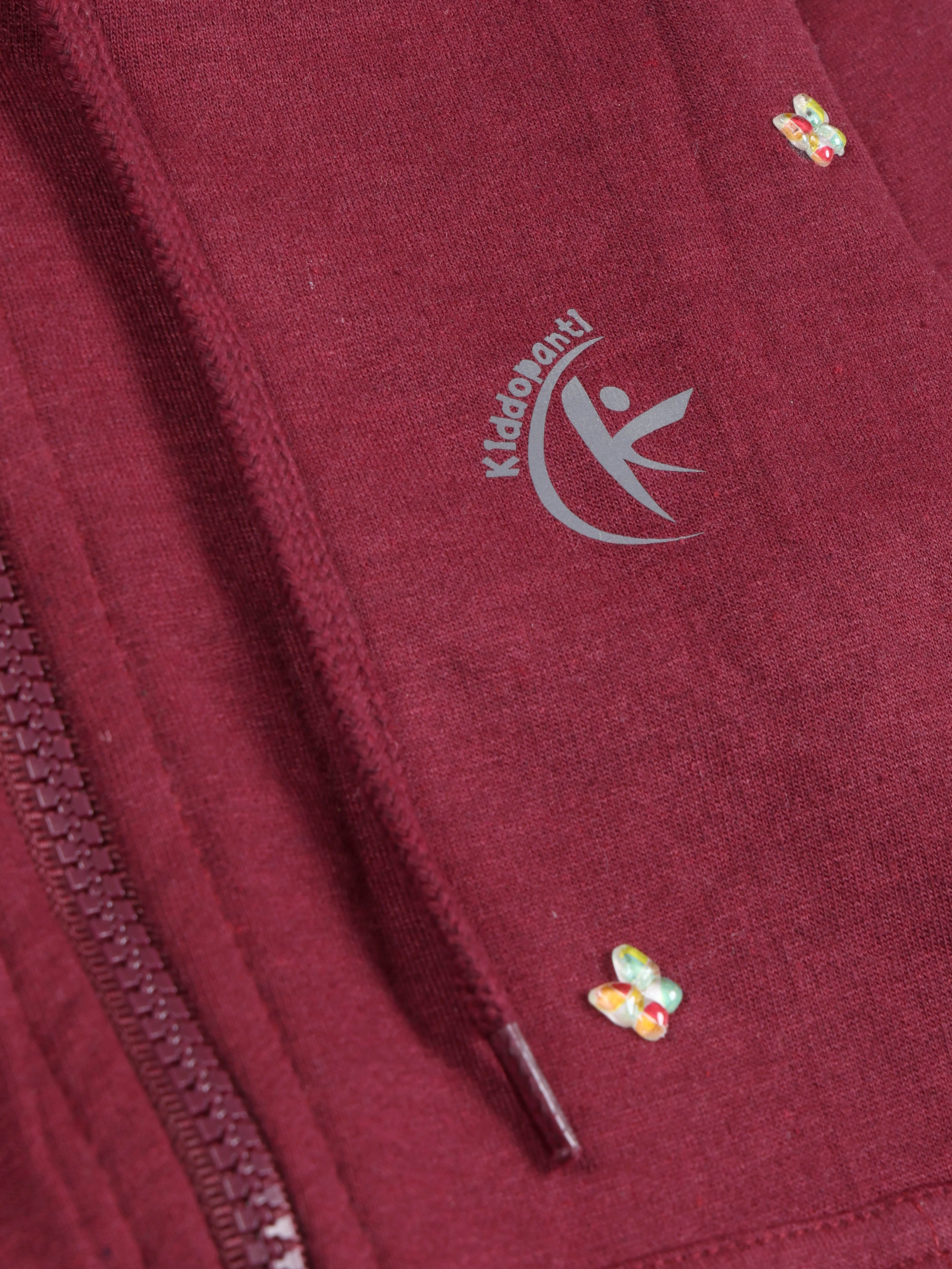 Girls Cotton Fleece Full Sleeves Zip Front Open Hooded Sweatshirt With Butterfly Beads