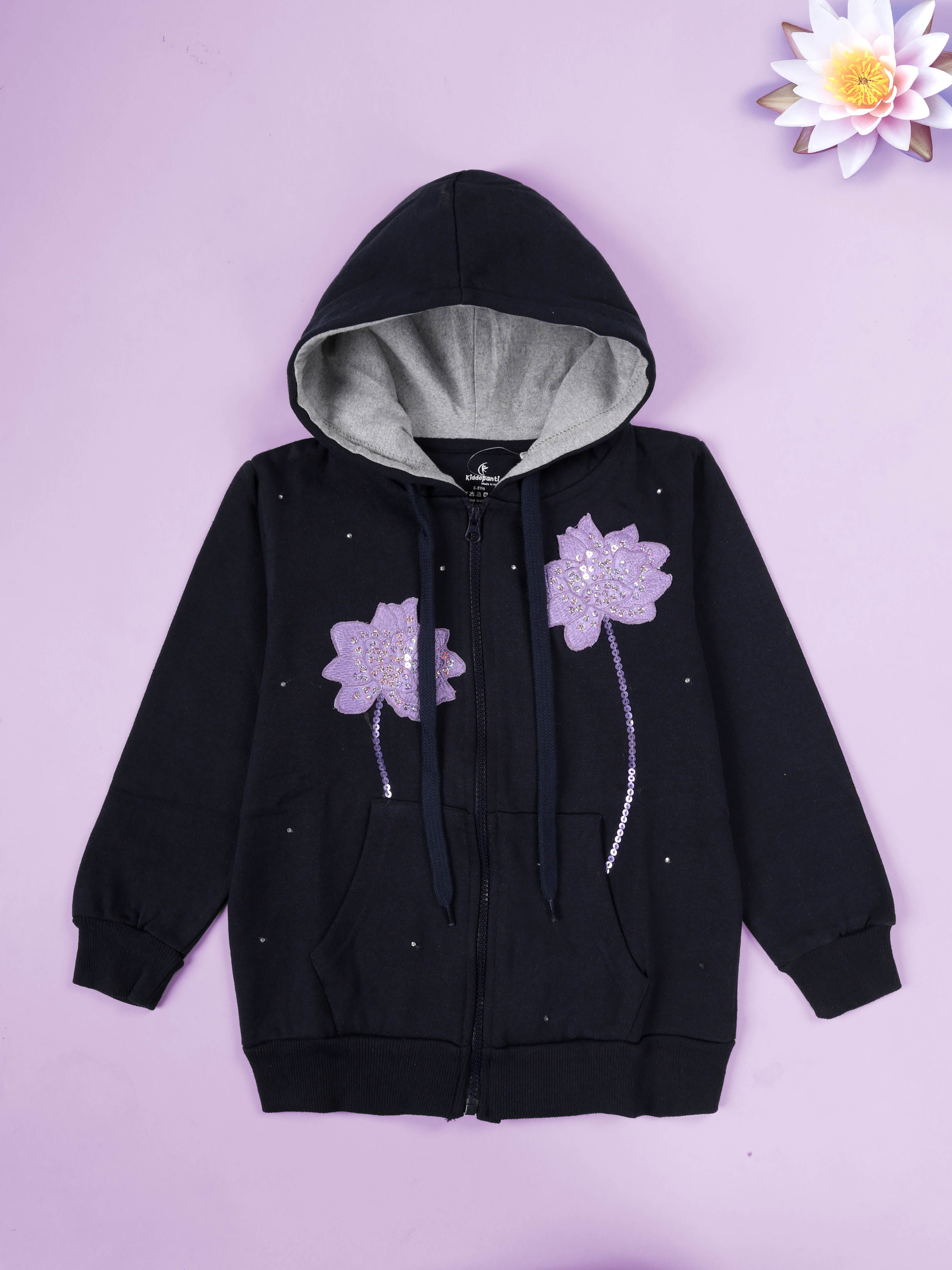 Kiddopanti Girls Fleece Hooded Zip-Up Sweatshirt With Purple Floral Applique