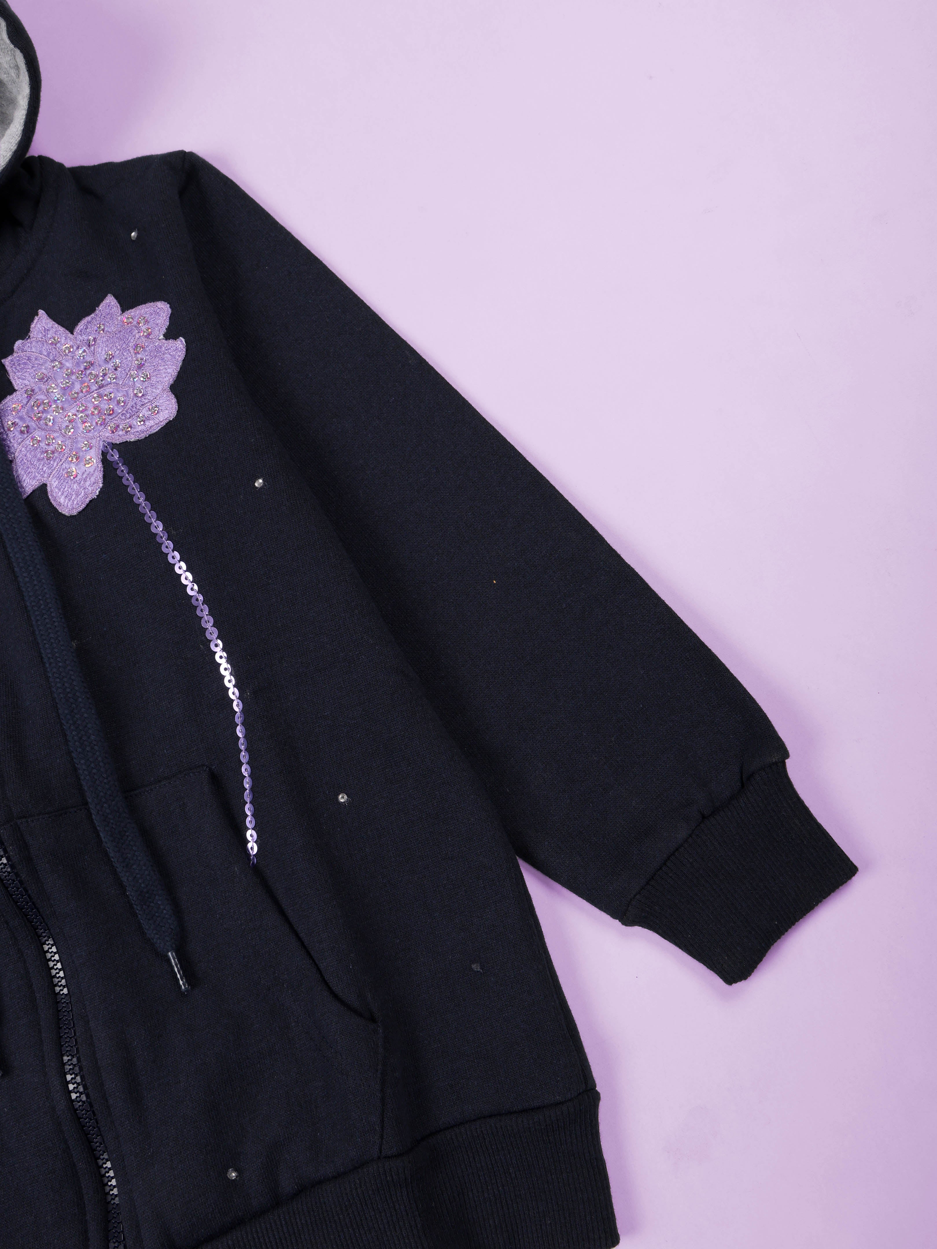 Kiddopanti Girls Fleece Hooded Zip-Up Sweatshirt With Purple Floral Applique