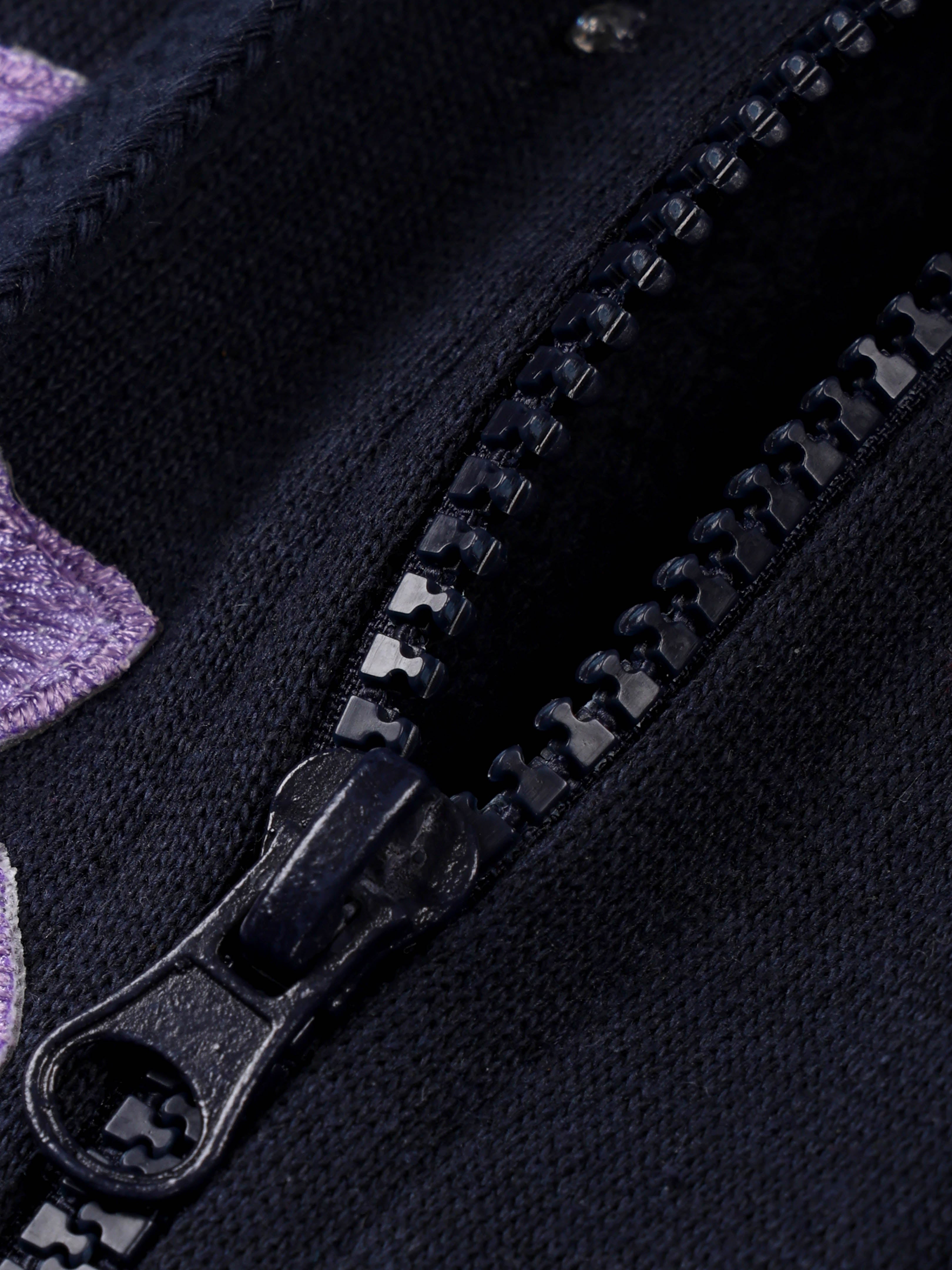 Kiddopanti Girls Fleece Hooded Zip-Up Sweatshirt With Purple Floral Applique