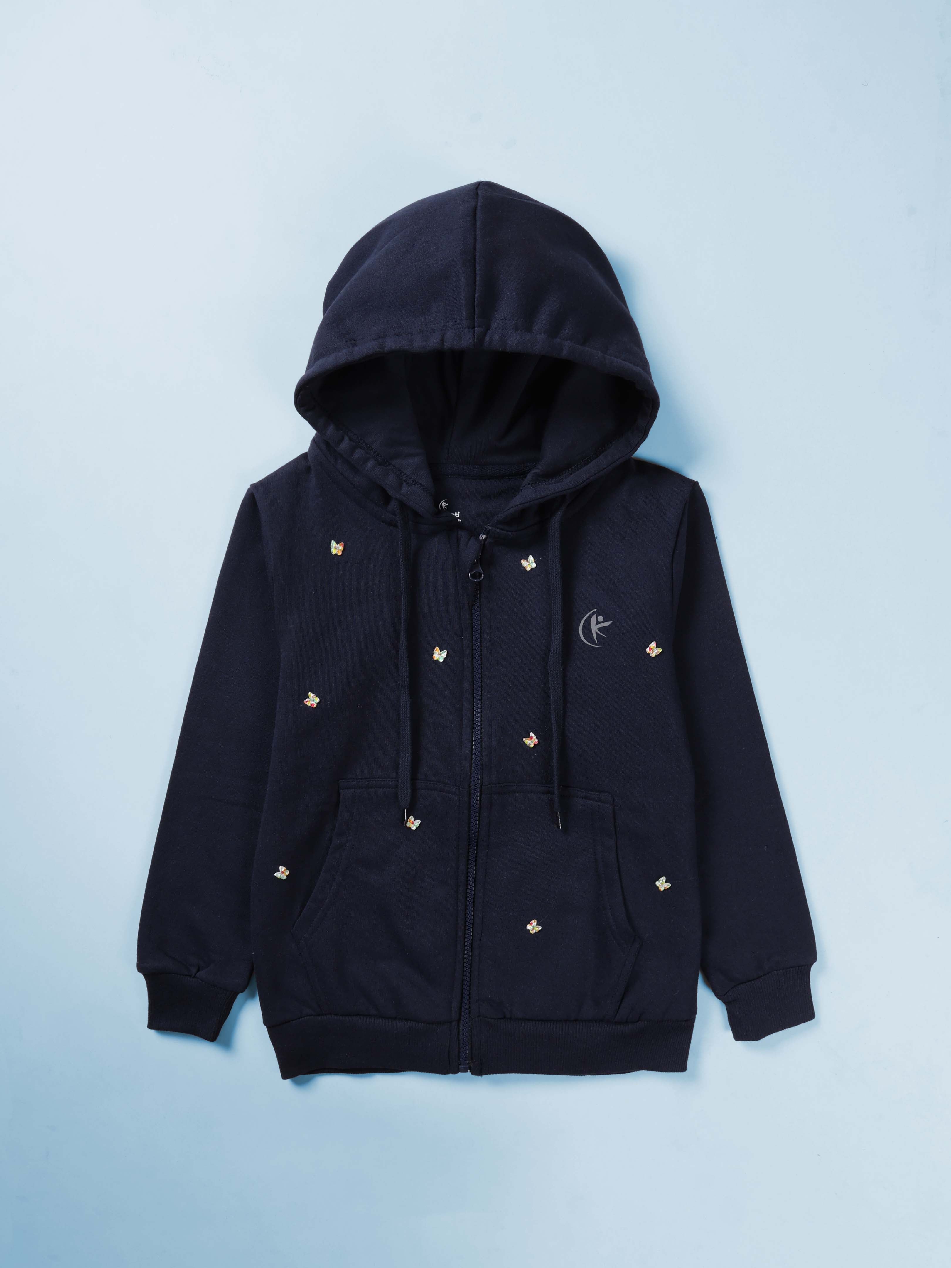 Girls Cotton Fleece Full Sleeves Zip Front Open Solid Butterfly Beads And Rhinestones Hooded Sweatshirt