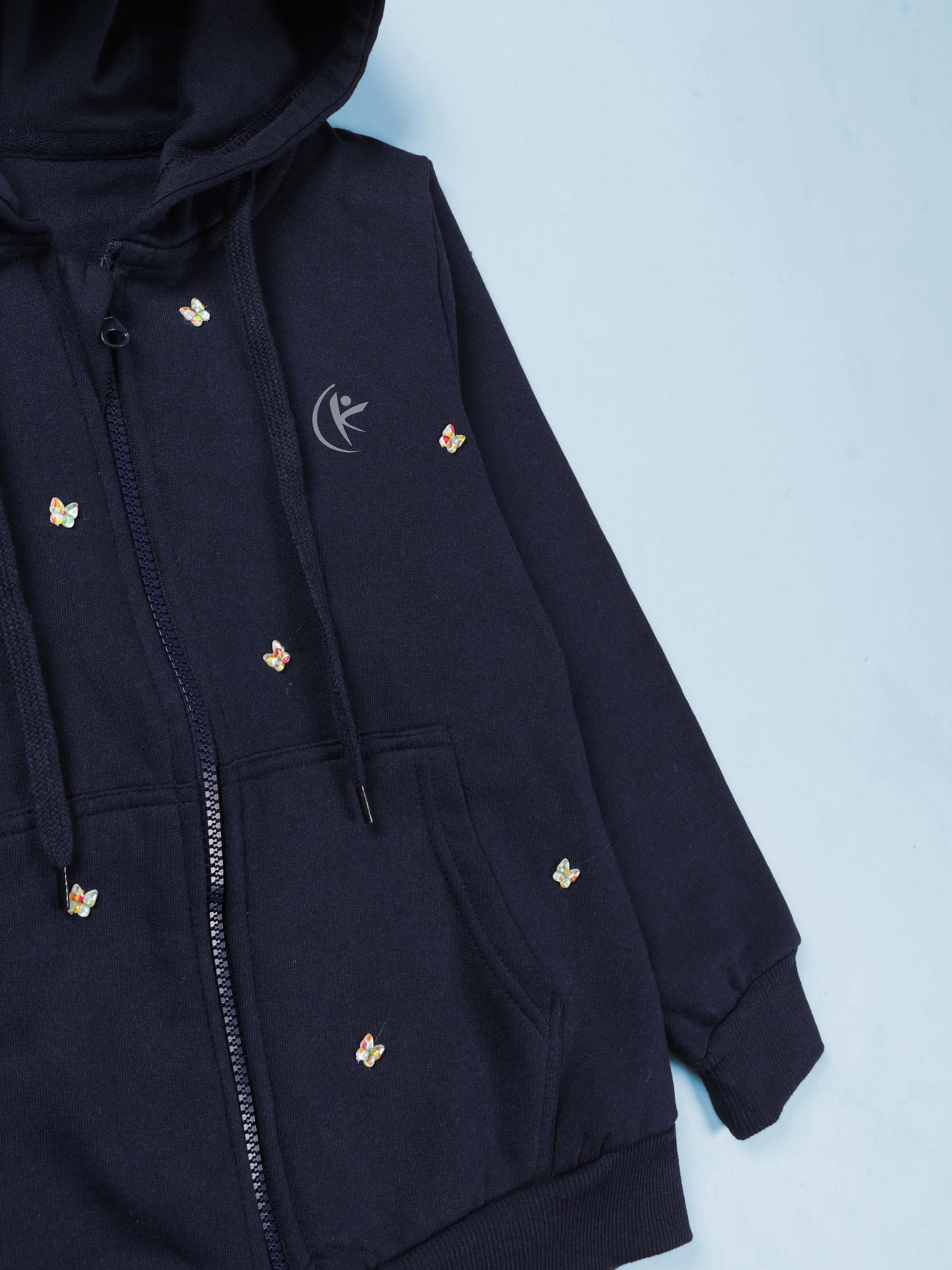 Girls Cotton Fleece Full Sleeves Zip Front Open Solid Butterfly Beads And Rhinestones Hooded Sweatshirt