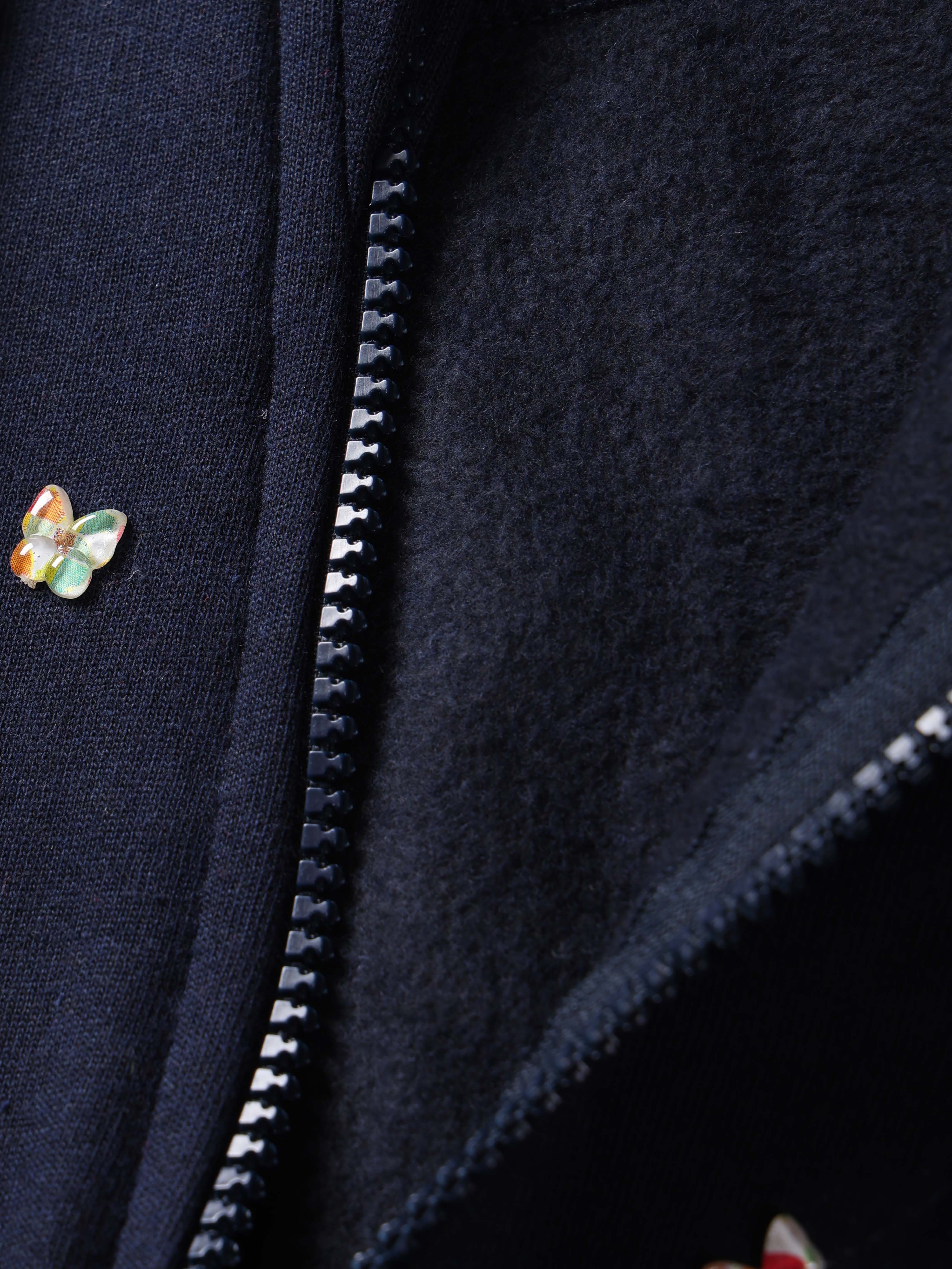 Girls Cotton Fleece Full Sleeves Zip Front Open Solid Butterfly Beads And Rhinestones Hooded Sweatshirt