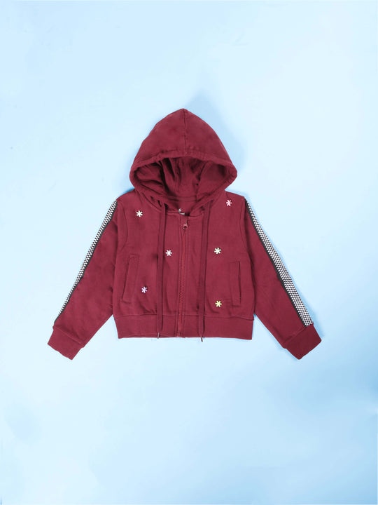 Girls Printed Front zip open Hooded Crop Length Sweatshirts With Rhinestones