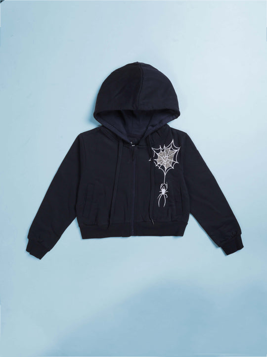 Girls Printed Front zip open Hooded Crop Length Sweatshirts With Rhinestones