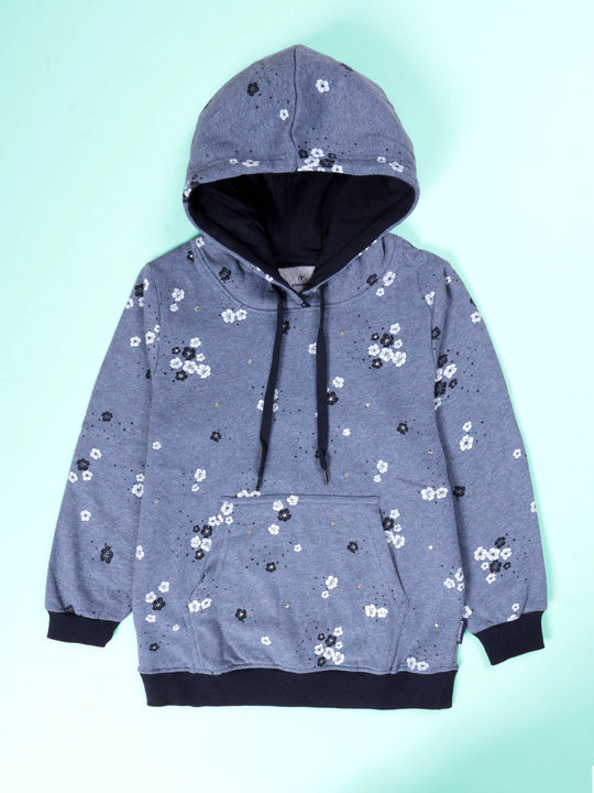 Girls  Fleece Full Sleeves Flower Printed Hooded  Sweatshirt