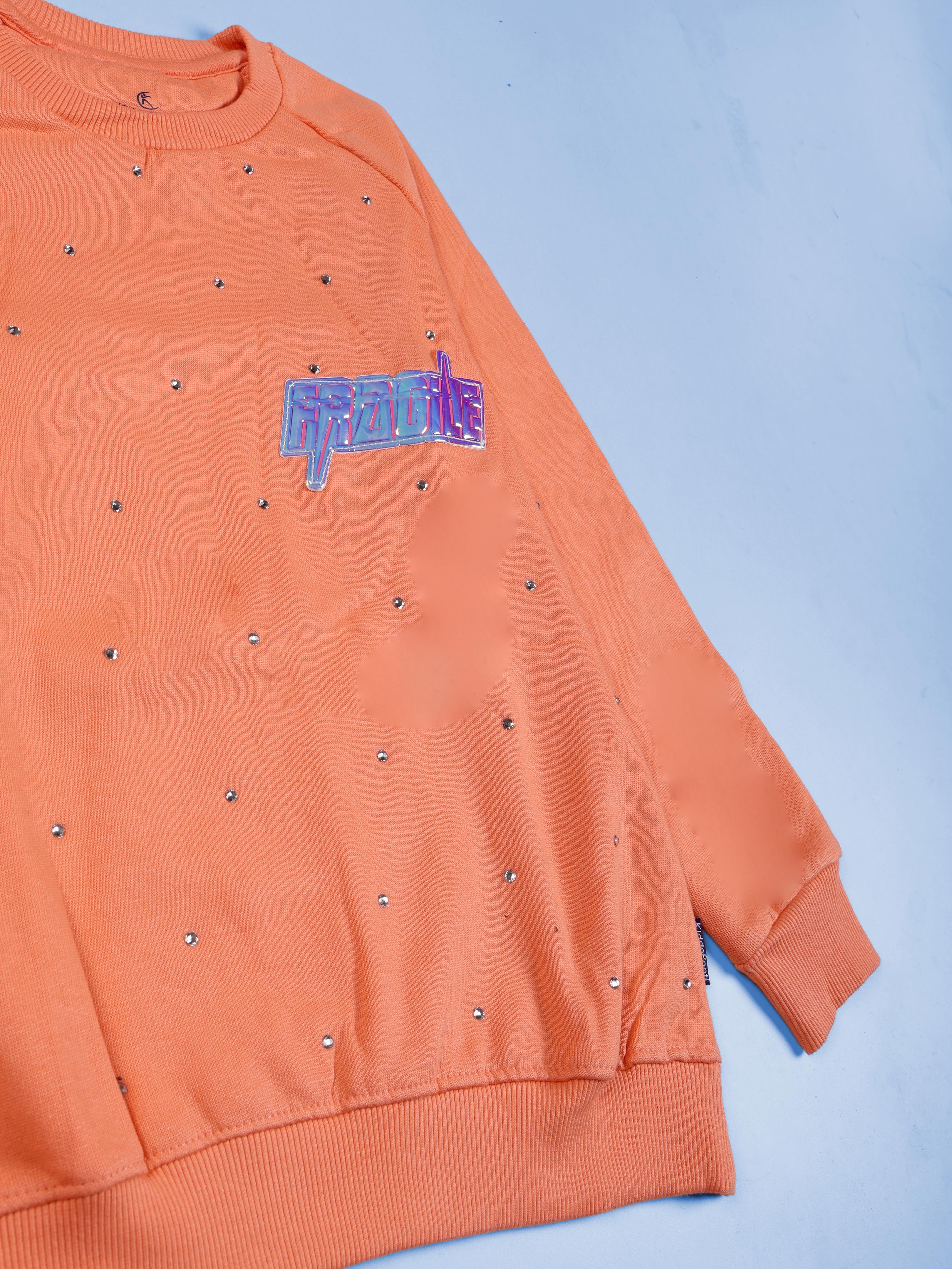 Girls Cotton Fleece Full Sleeves Sweatshirt With Applique And Rhinestones