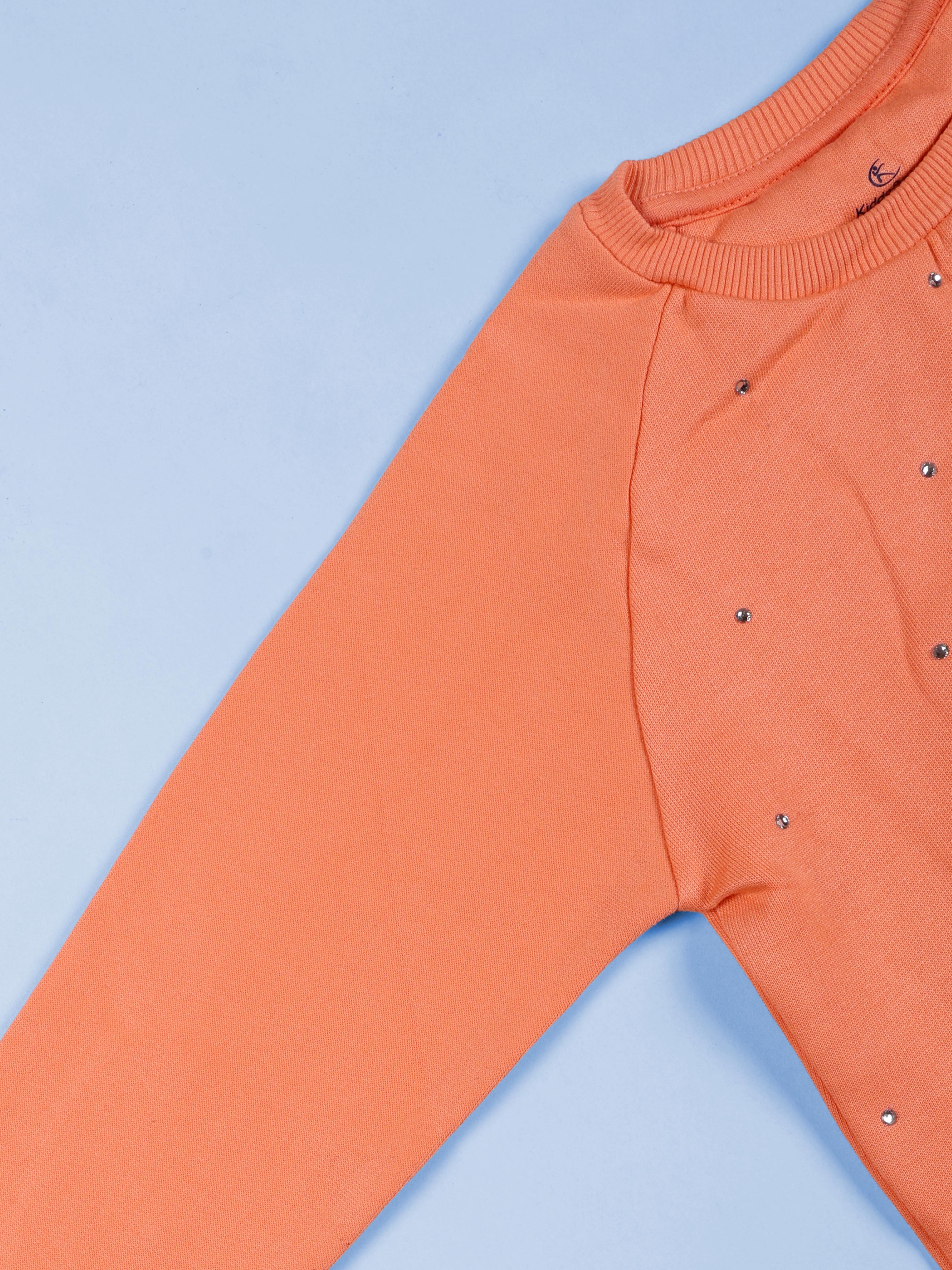 Girls Cotton Fleece Full Sleeves Sweatshirt With Applique And Rhinestones