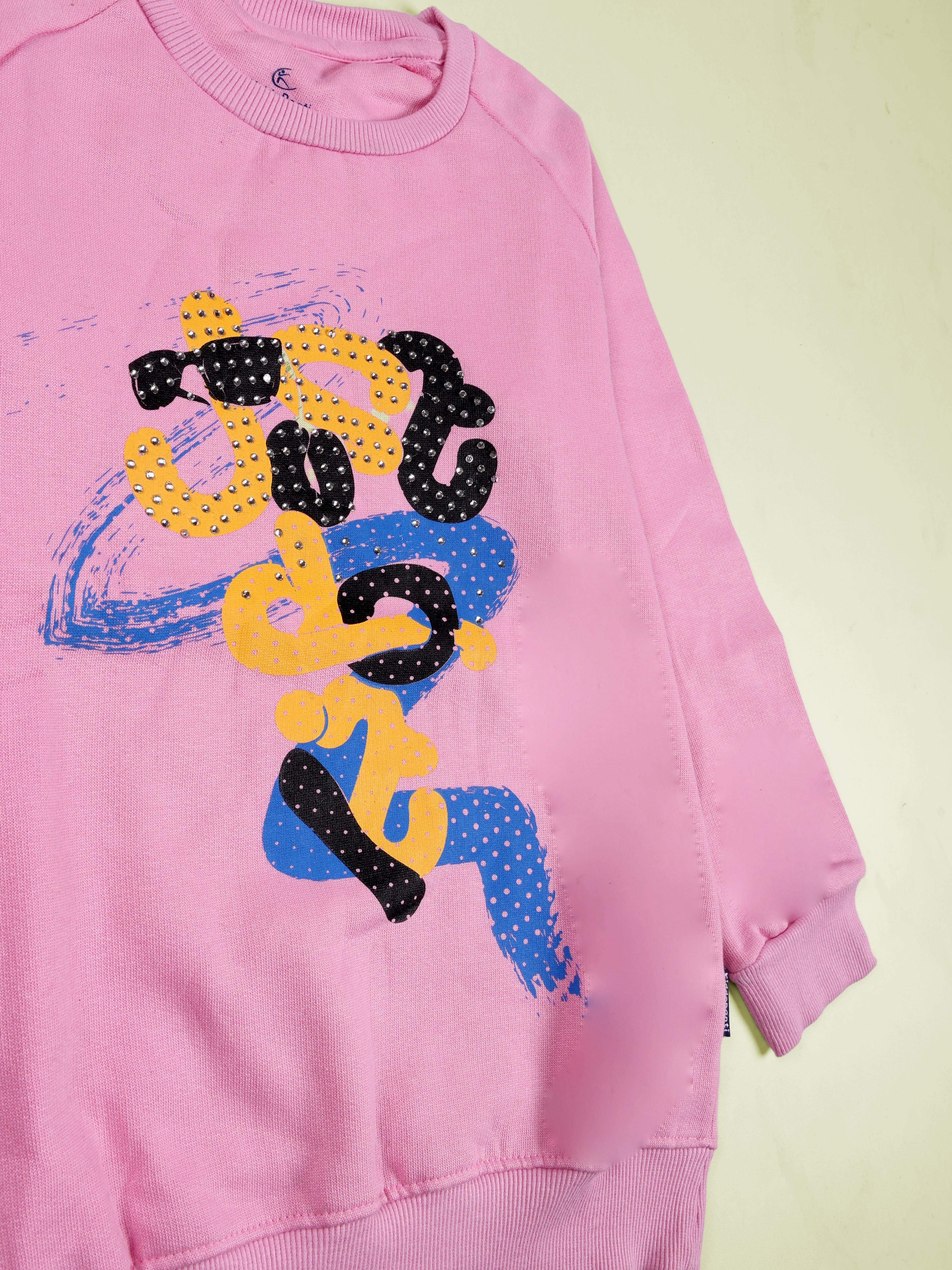 Girls Cotton Fleece Full Sleeves Sweatshirt With Applique And Rhinestones