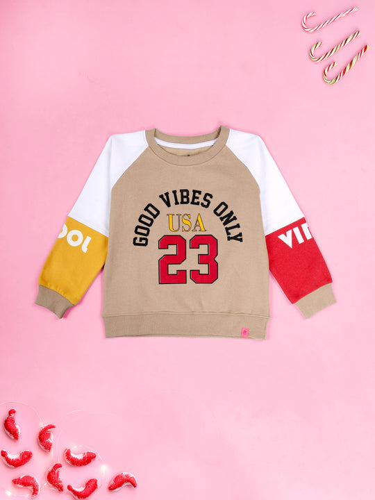 KiddoPanti Girls Cotton Fleece Cut & Sew Graphic Printed Round Neck Raglan Sleeve Sweatshirt