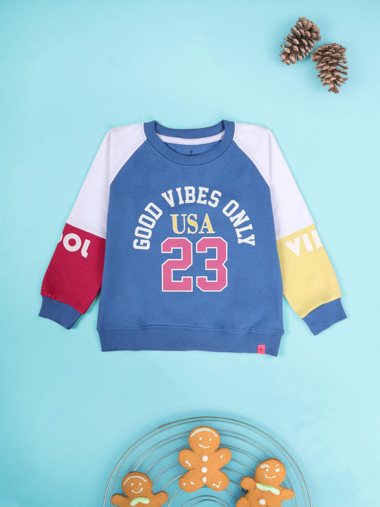 KiddoPanti Girls Cotton Fleece Cut & Sew Graphic Printed Round Neck Raglan Sleeve Sweatshirt