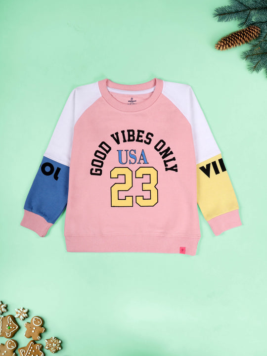 KiddoPanti Girls Cotton Fleece Cut & Sew Graphic Printed Round Neck Raglan Sleeve Sweatshirt
