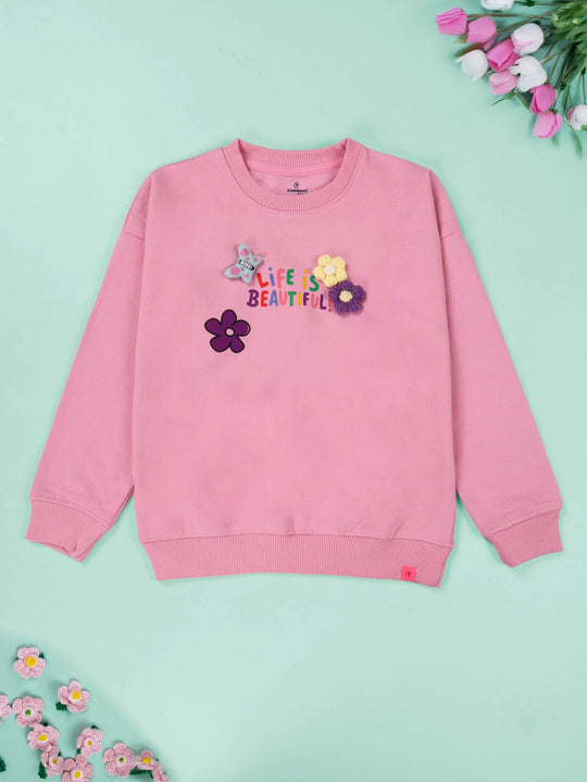 Kiddopanti Girls Printed Fleece Round Neck Sweatshirt with Badges