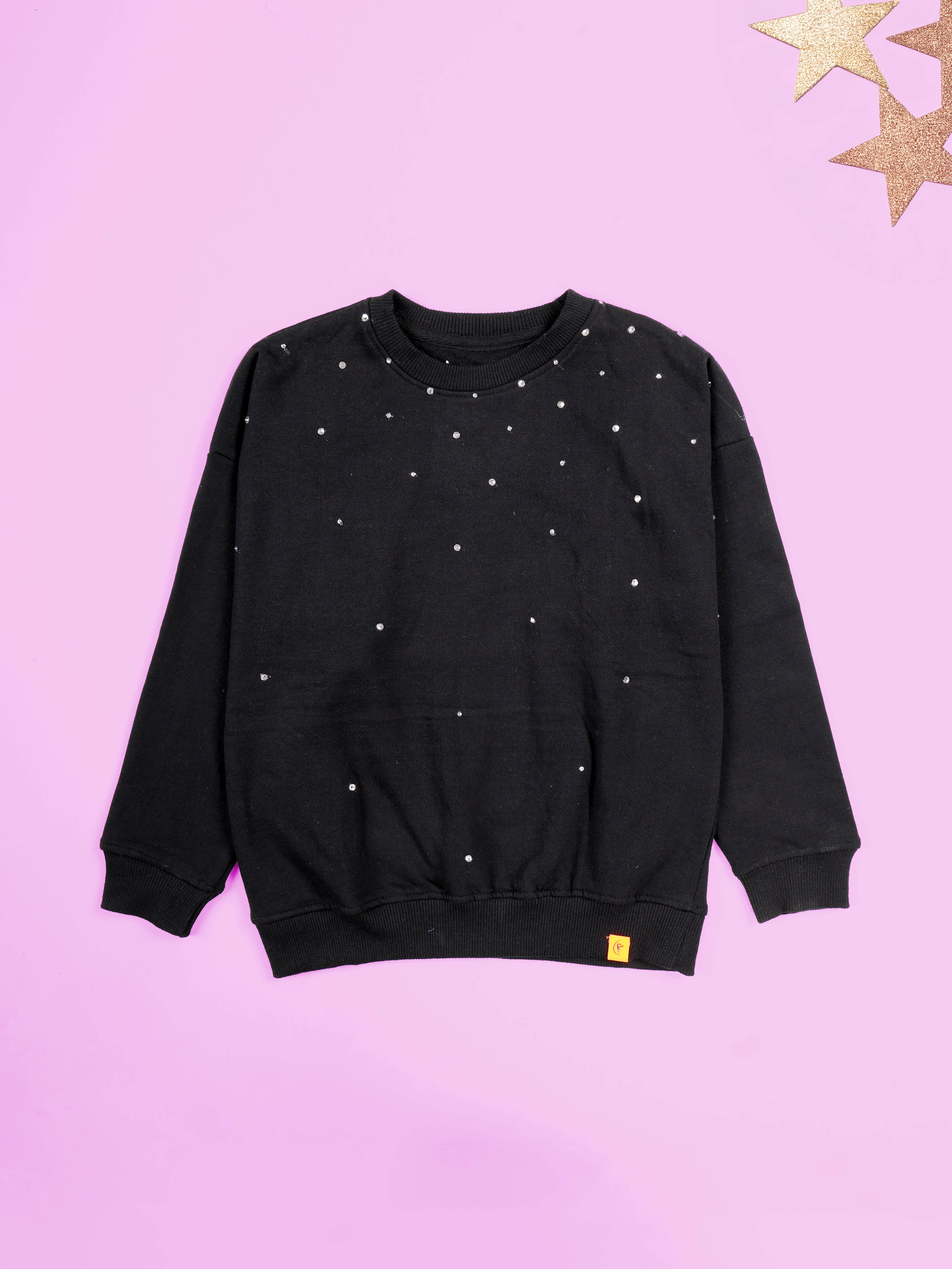Girls Fleece Full Sleeves Solid Round Neck Sweatshirt with Rhinestones