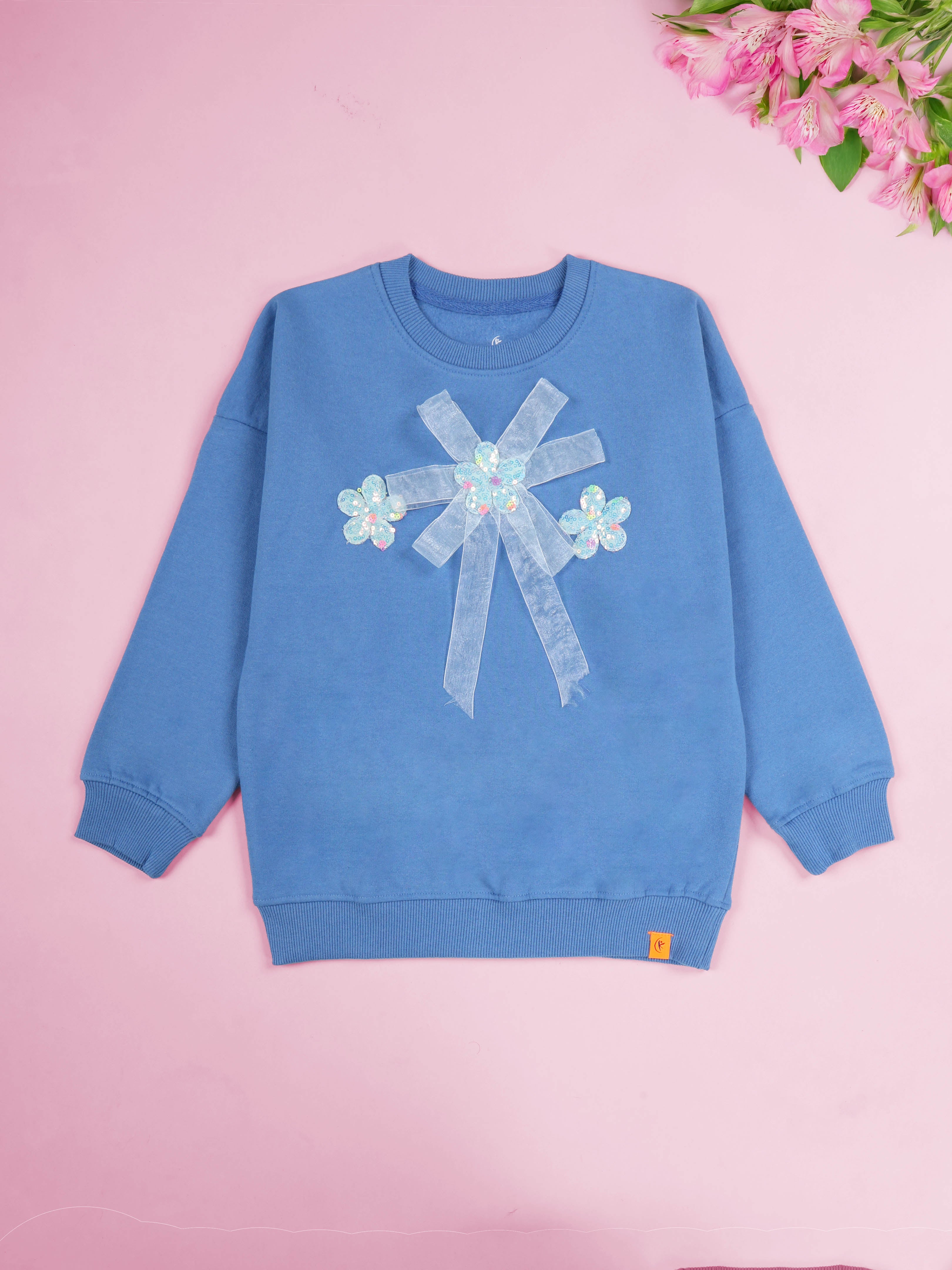 KiddoPanti Girls Solid Cotton Fleece Round Neck Full Sleeve Sweatshirt with Flower Badges