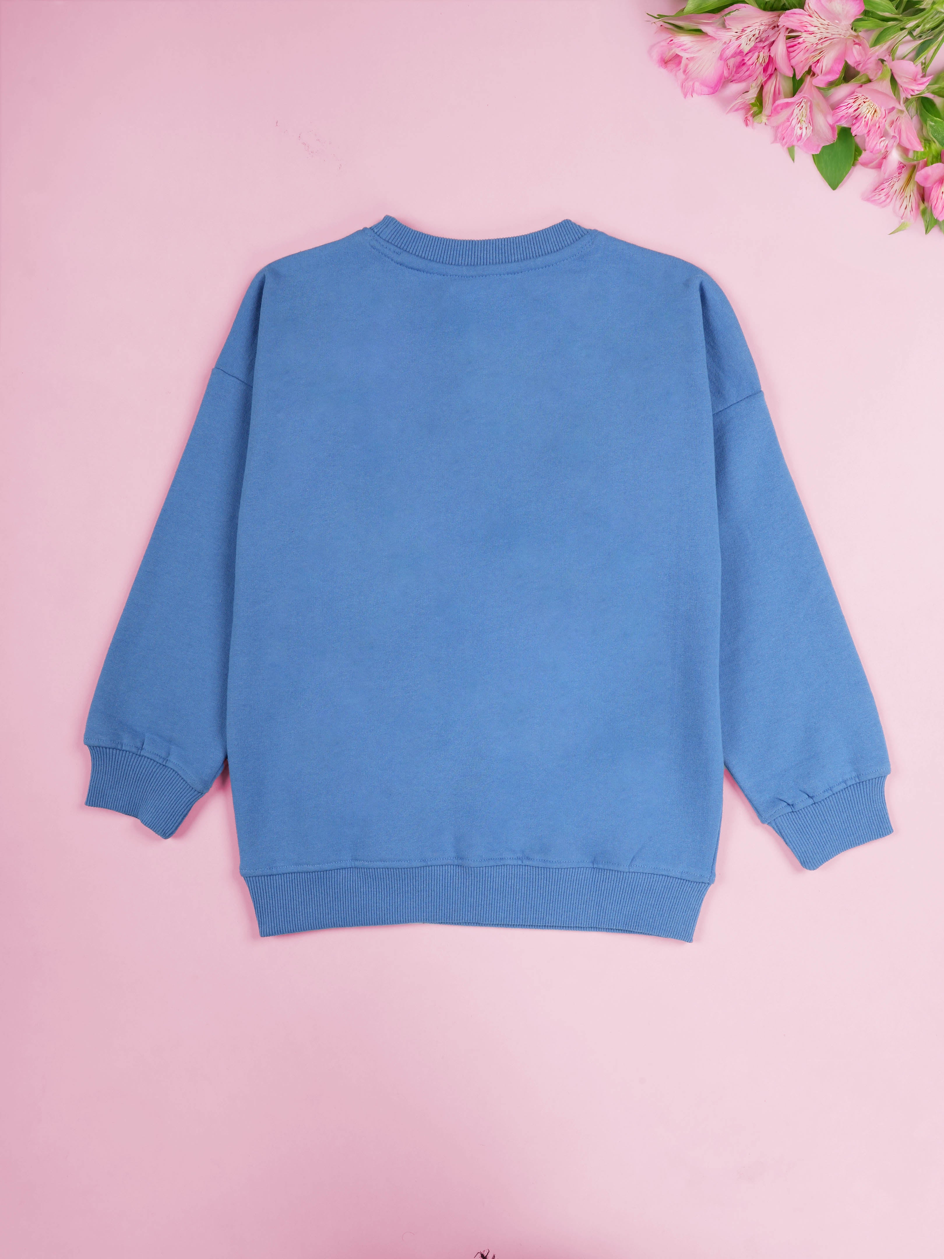 KiddoPanti Girls Solid Cotton Fleece Round Neck Full Sleeve Sweatshirt with Flower Badges