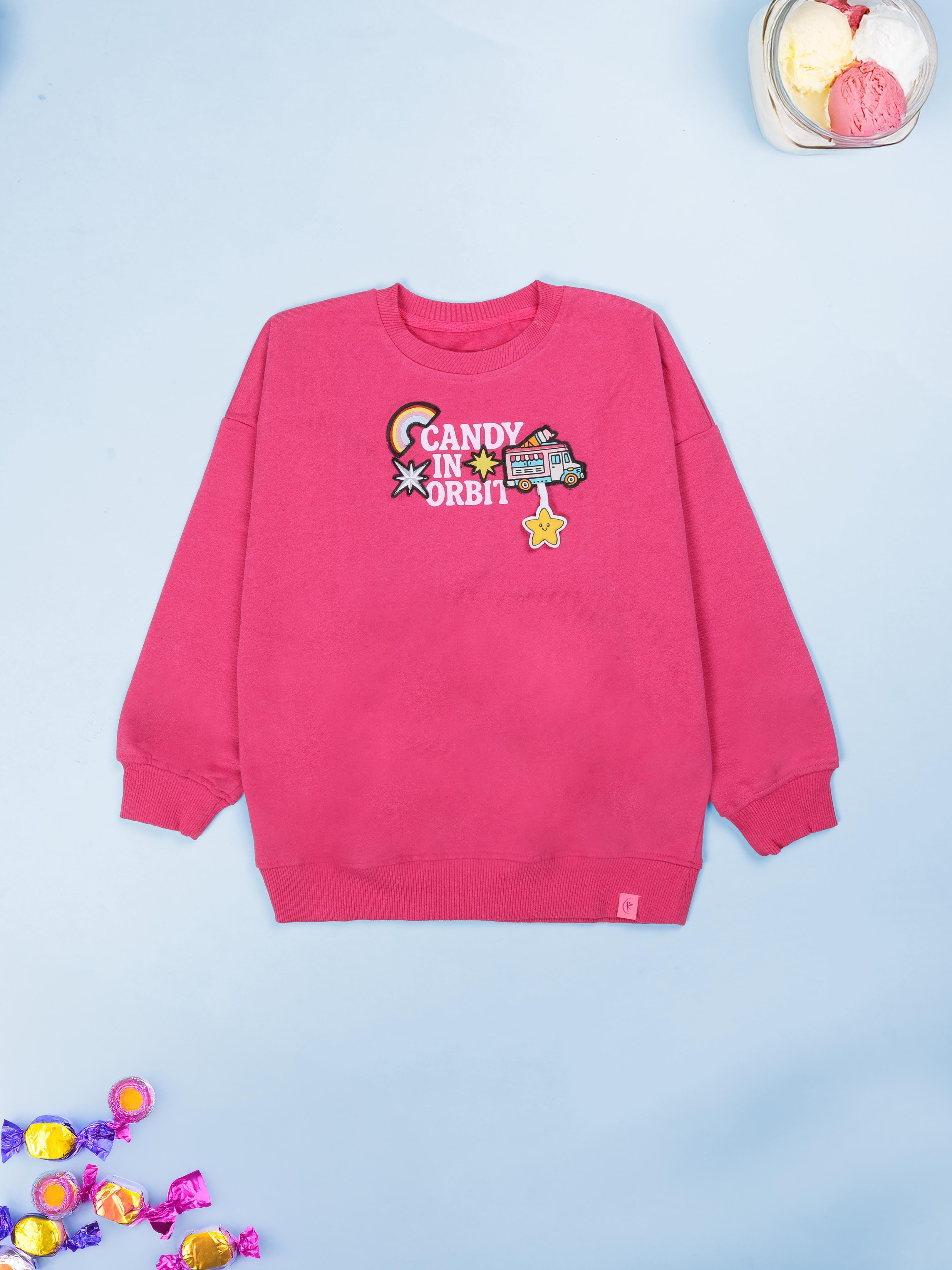 Kiddopanti Girls Fleece Round Neck Sweatshirt With Multi Badge