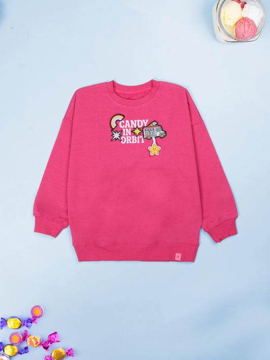 Kiddopanti Girls Fleece Round Neck Sweatshirt With Multi Badge