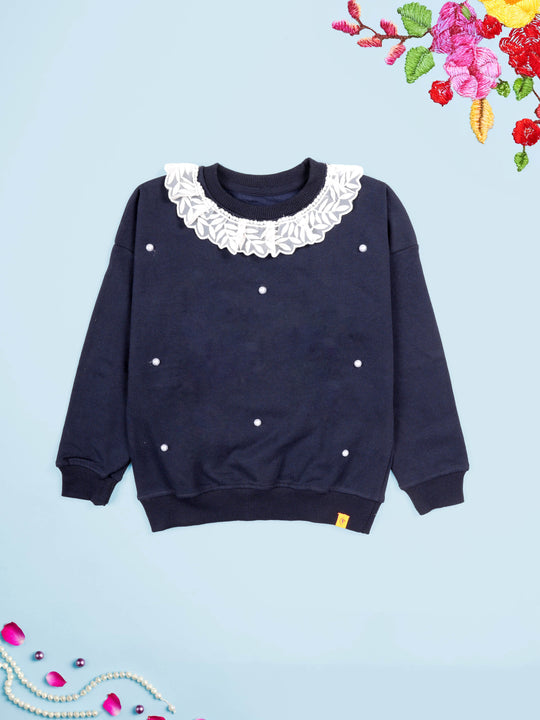 Girls Fleece Full Sleeves Solid Round Neck Sweatshirt with Rhinestones