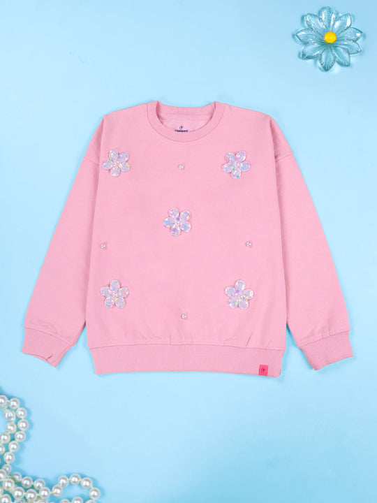 Kiddopanti Girls Printed Fleece Round Neck Sweatshirt with Badges