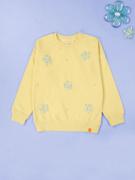 Kiddopanti Girls Printed Fleece Round Neck Sweatshirt with Badges