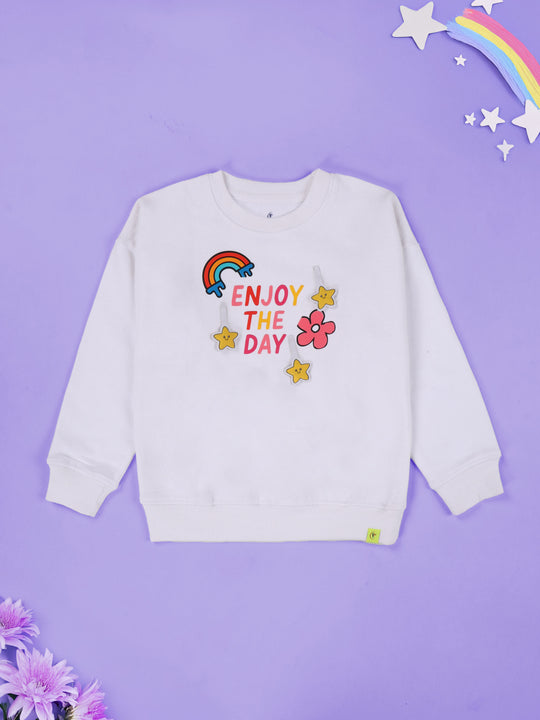 Kiddopanti Girls Printed Fleece Round Neck Sweatshirt with Badges