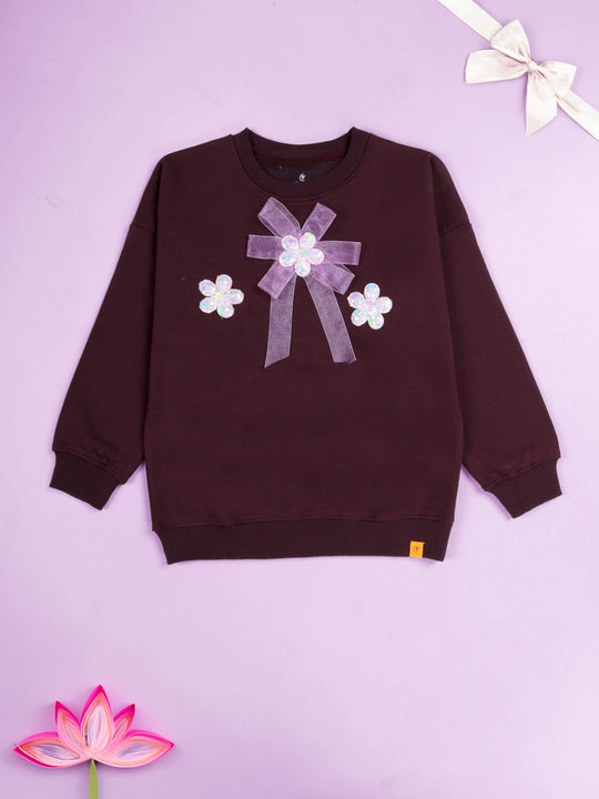 KiddoPanti Girls Solid Cotton Fleece Round Neck Full Sleeve Sweatshirt with Flower Badges