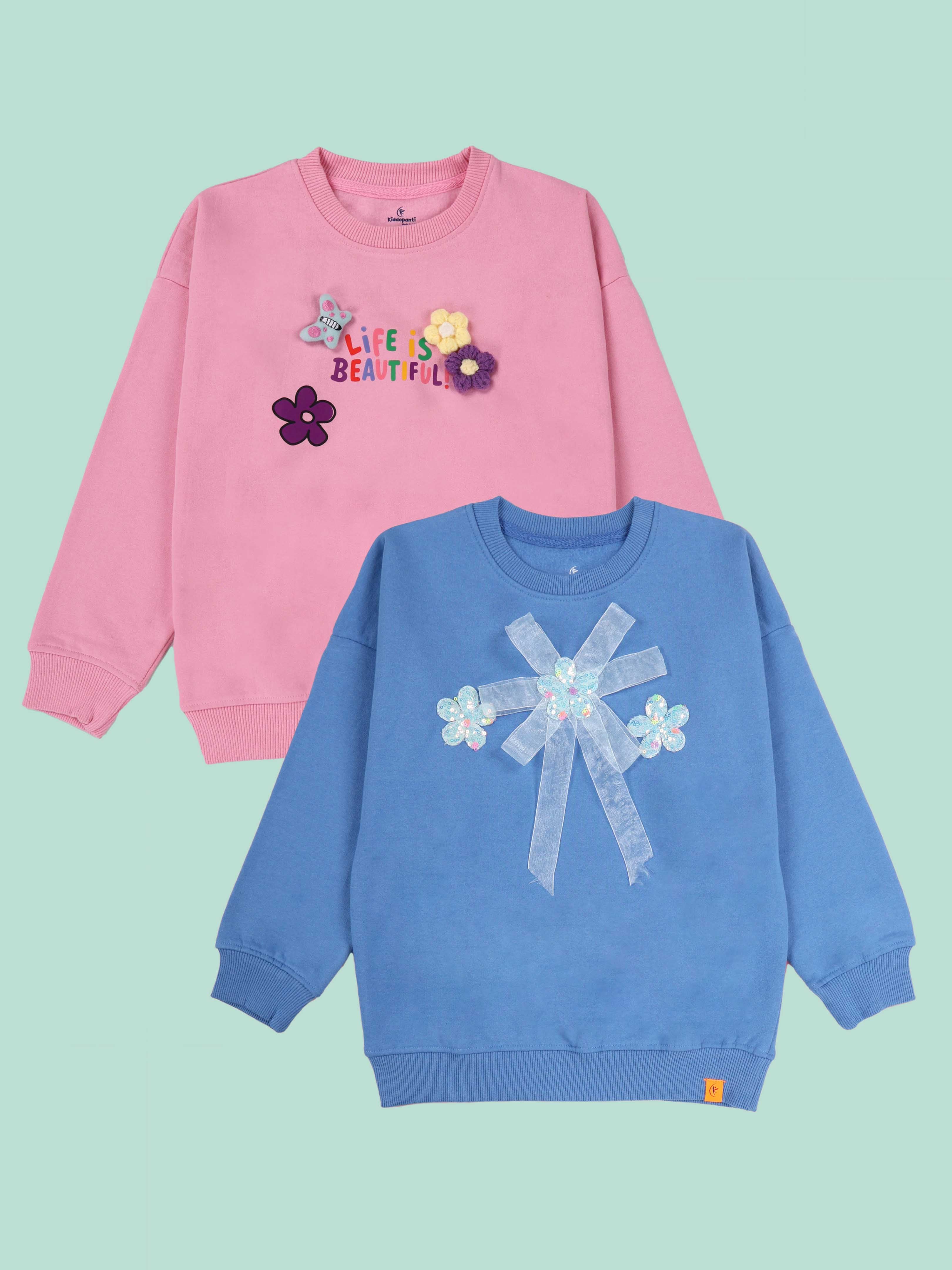 Kiddopanti Girls Fleece Round Neck Full Sleeve Sweatshirt With Badges Pack of 2